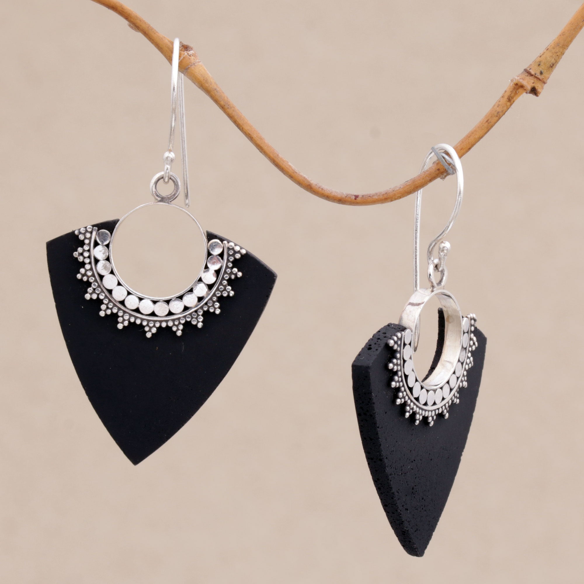 Premium Bali Handcrafted Dotted Arrows Earrings - Sterling Silver & Lava Stone