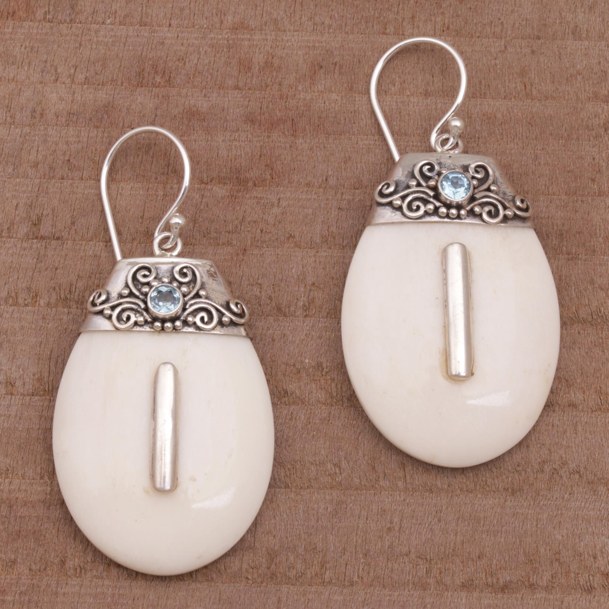 Premium Sacred Pebbles Sterling Silver and Blue Topaz Dangle Earrings with Bone - Elegant Bali Design