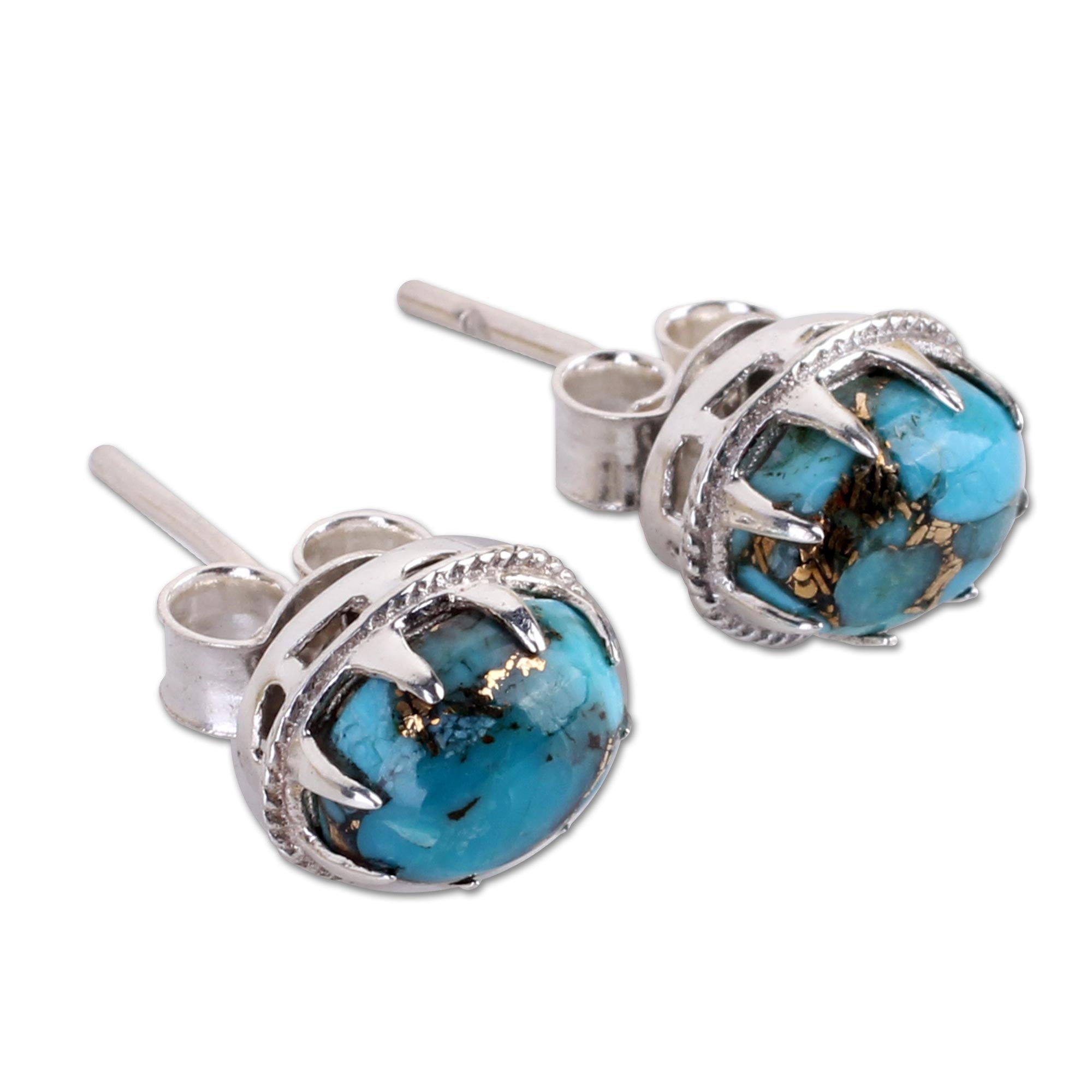 Premium Blue Oval Turquoise & Silver Stud Earrings – Handcrafted Elegance