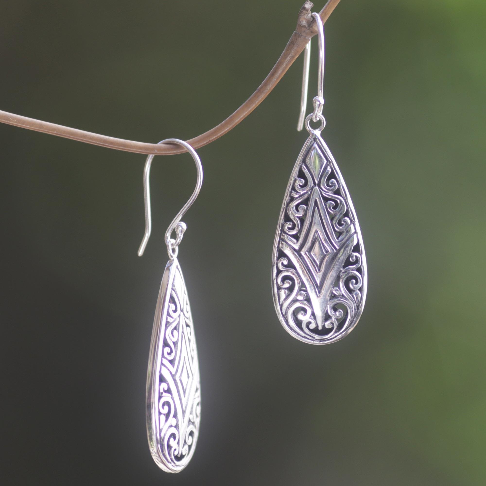 Premium Tamiang Drop Earrings - Sterling Silver with Balinese Floral Motifs