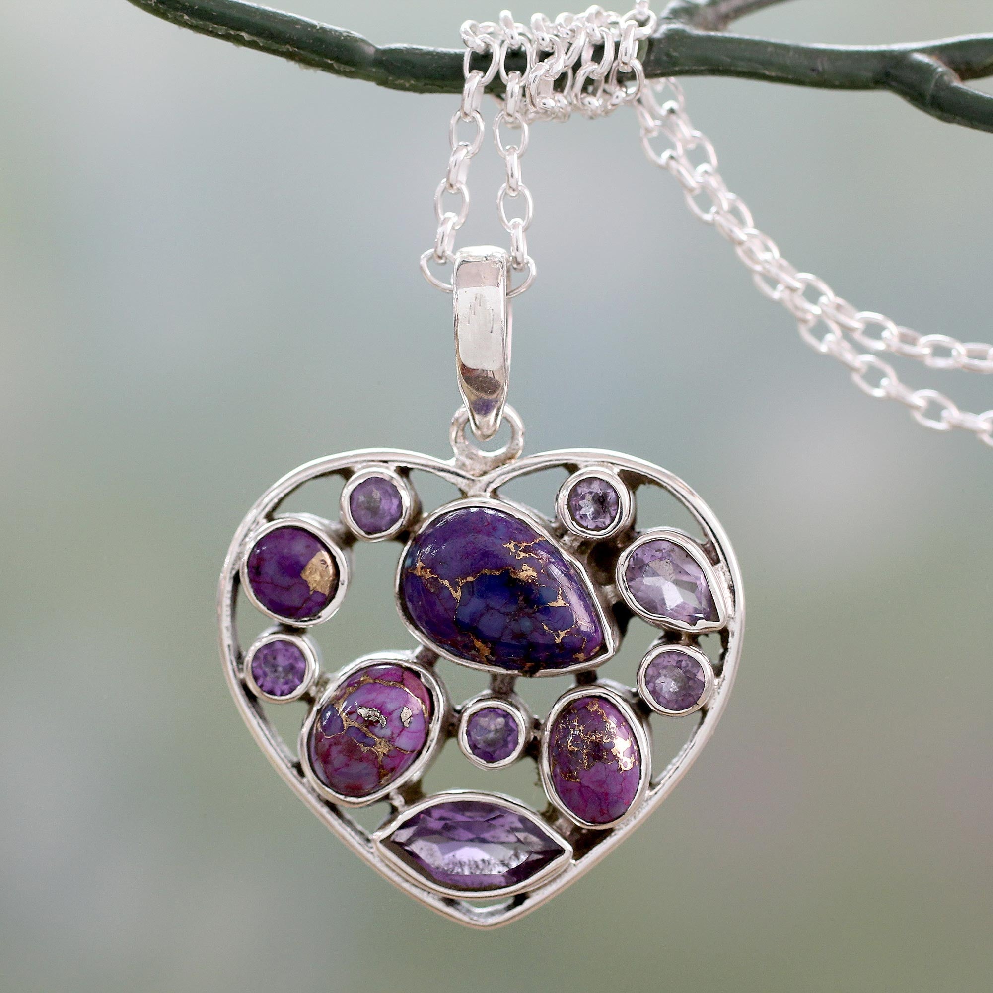 Premium Lilac Jaipuri Heart Necklace – Handcrafted Amethyst & Sterling Silver Jewelry