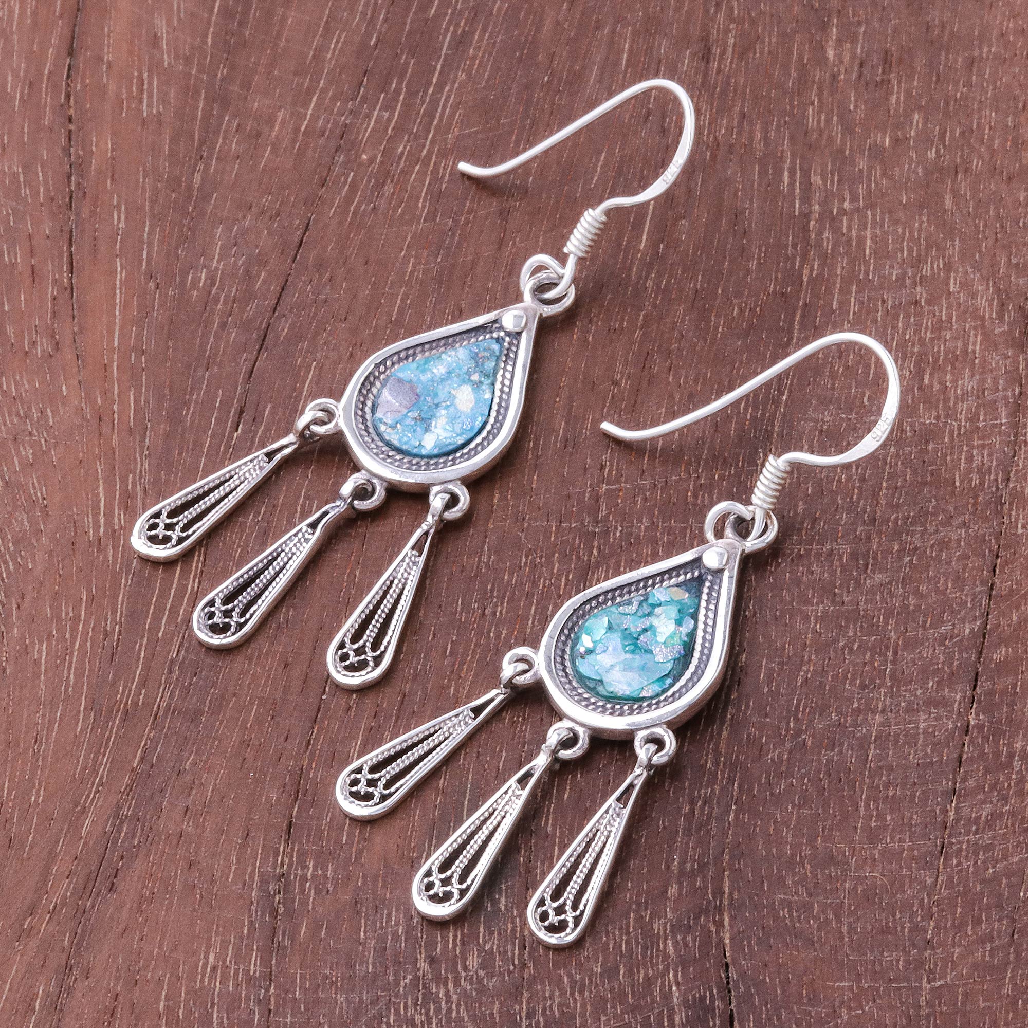 Premium Ancient Roman Glass Raindrop Earrings - Handcrafted Sterling Silver Jewelry