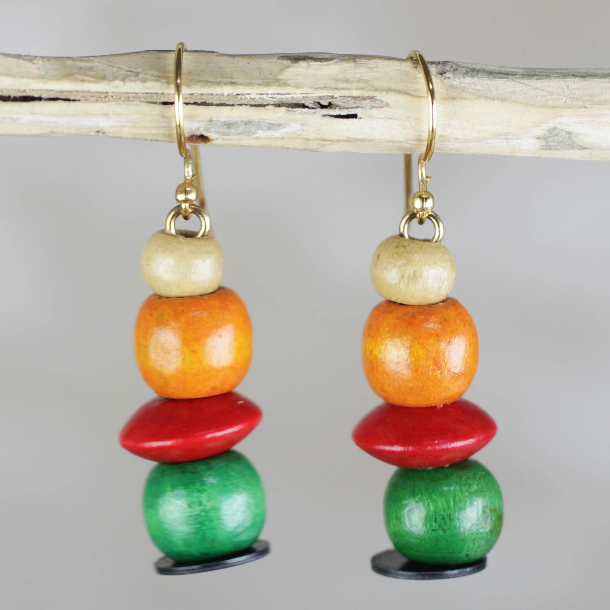 Premium Candy Columns Earrings - Orange, Red & Green Sese Wood Dangle Earrings