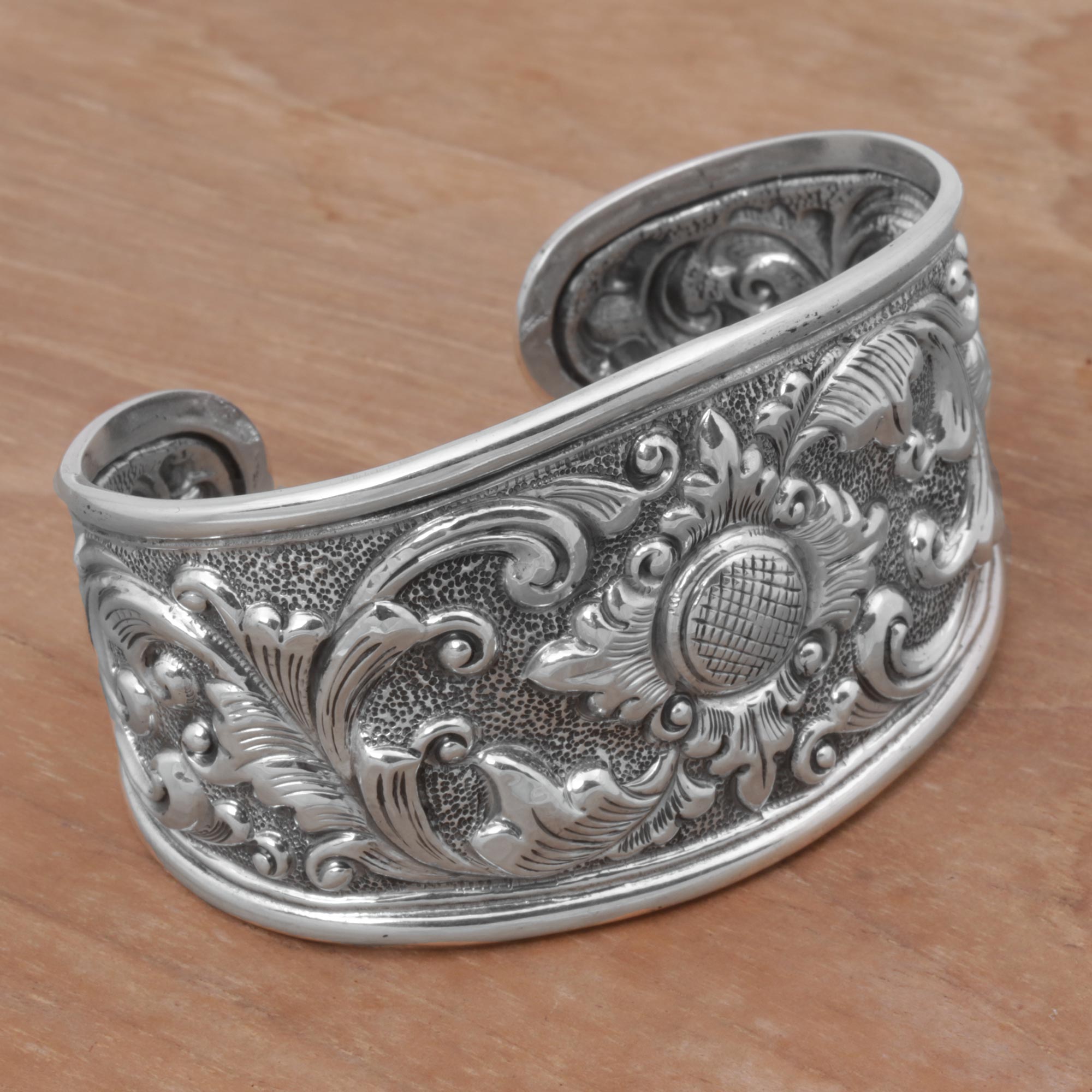 Premium Floral Sterling Silver Cuff Bracelet - Handcrafted Elegance