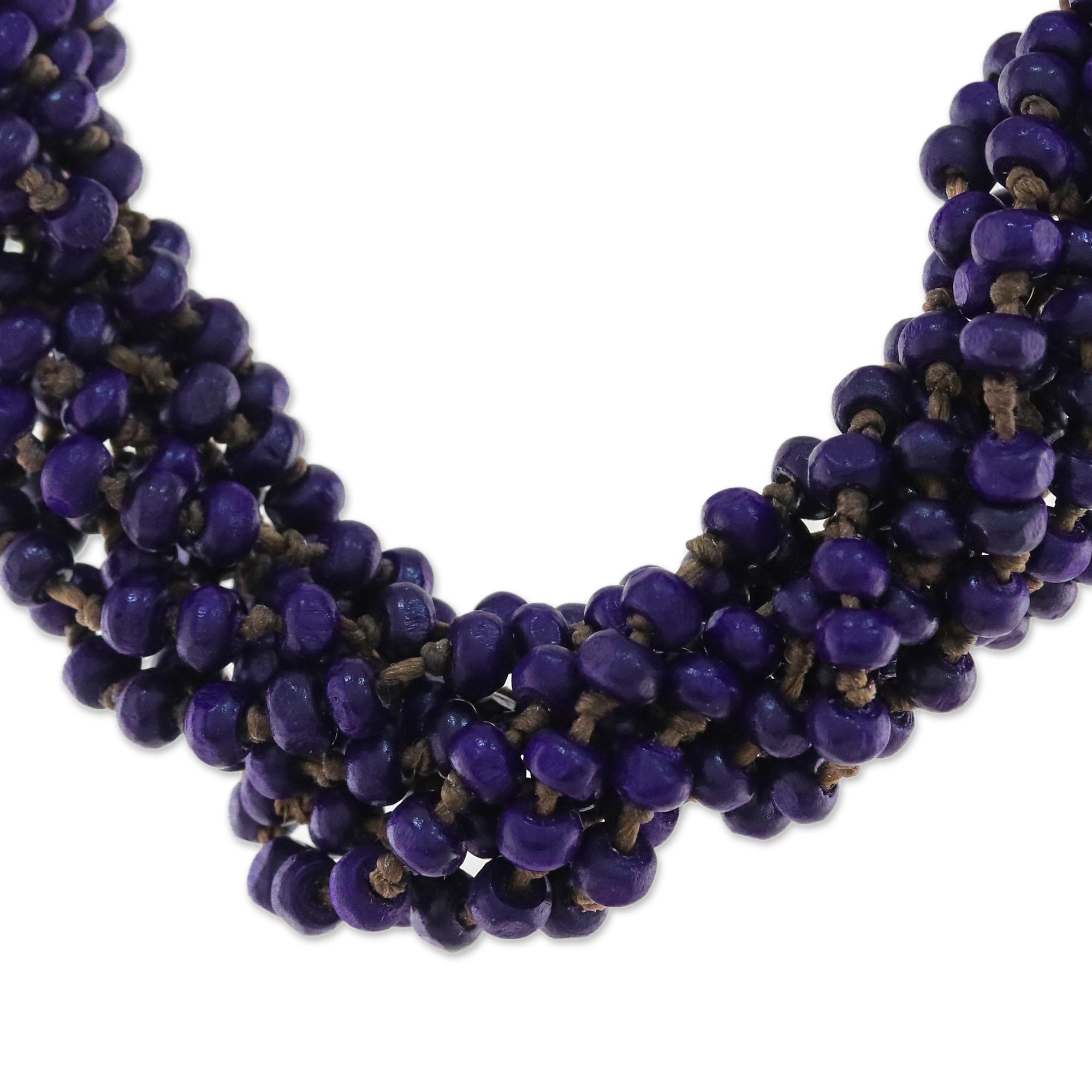 Premium Purple Beaded Wood Torsade Necklace - Handmade in Thailand