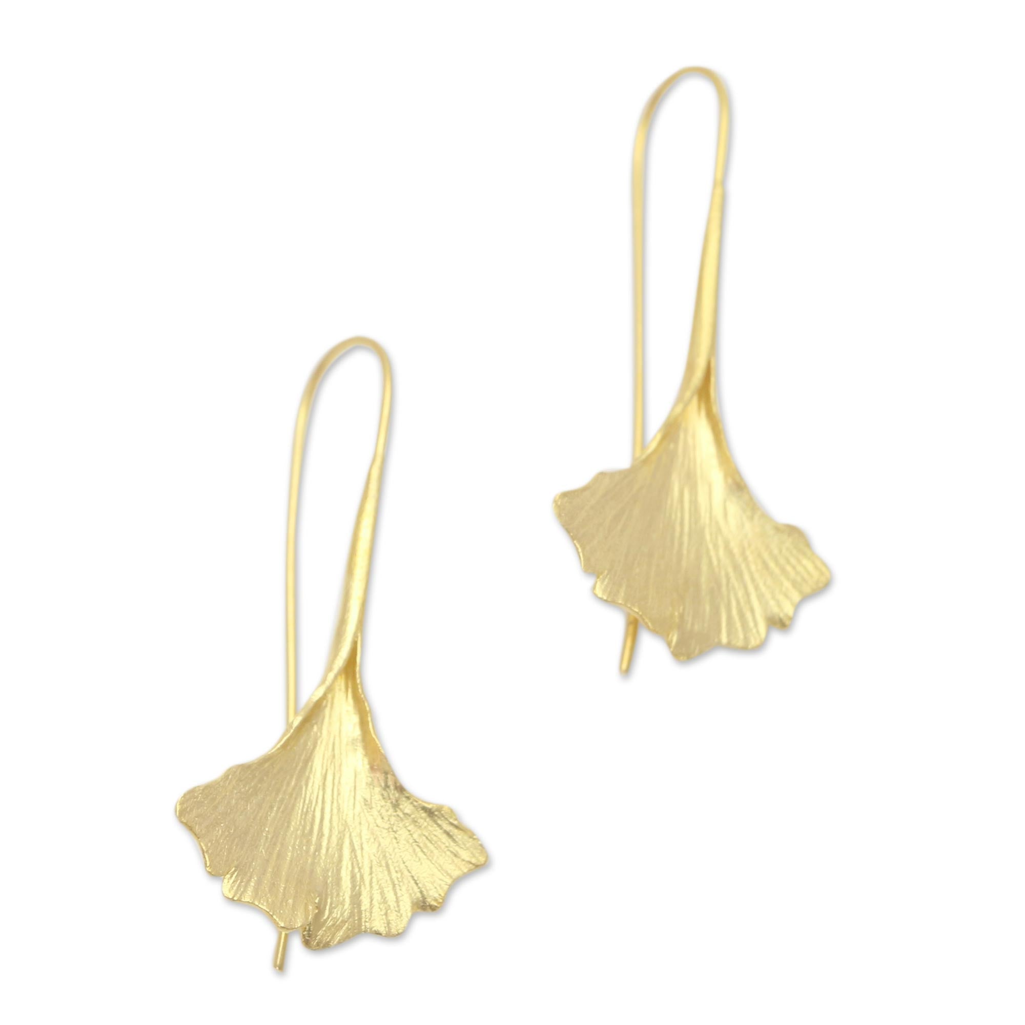 Premium Golden Ginko Leaf Drop Earrings - 18k Gold Plated Sterling Silver