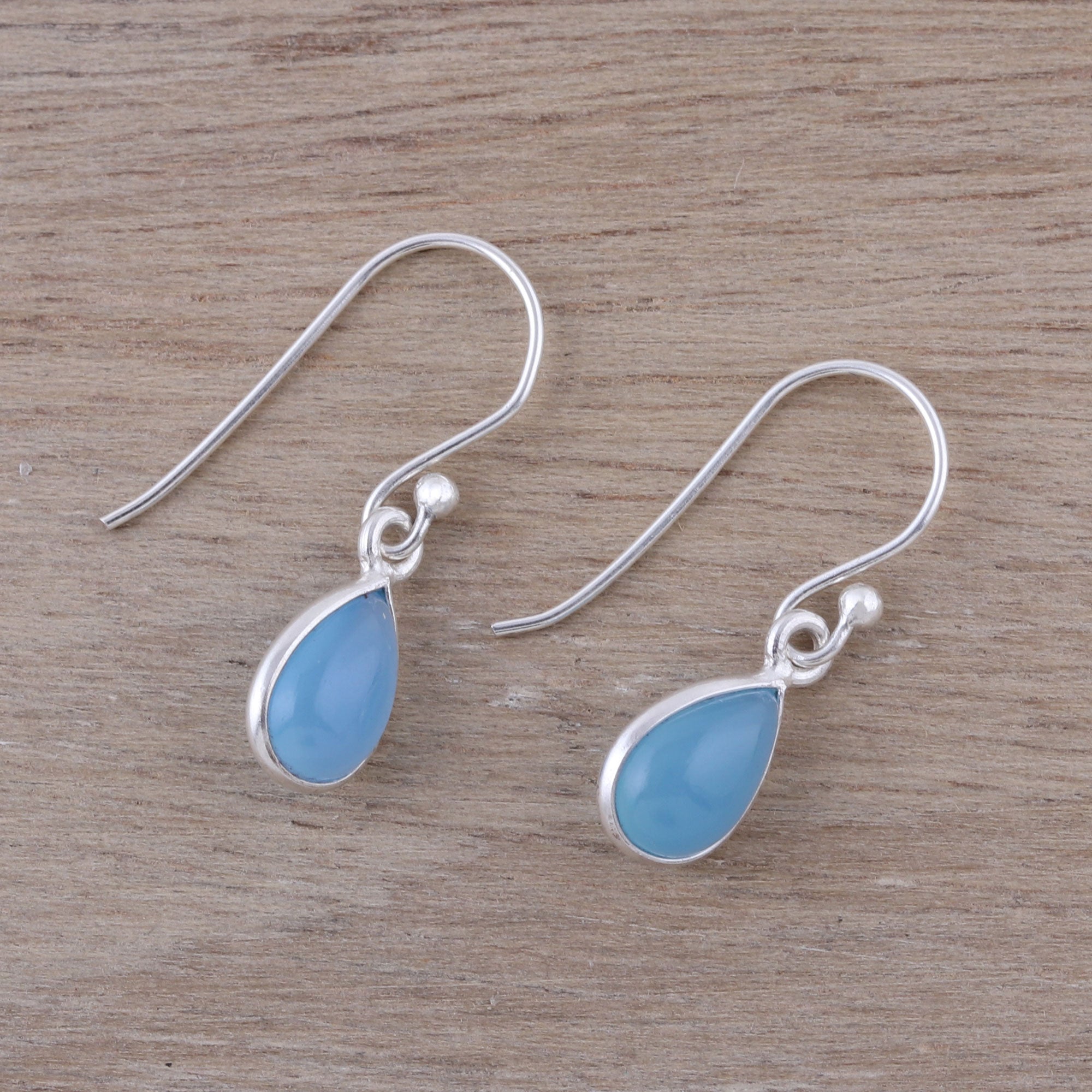 Premium Gentle Tear Blue Chalcedony Sterling Silver Teardrop Dangle Earrings