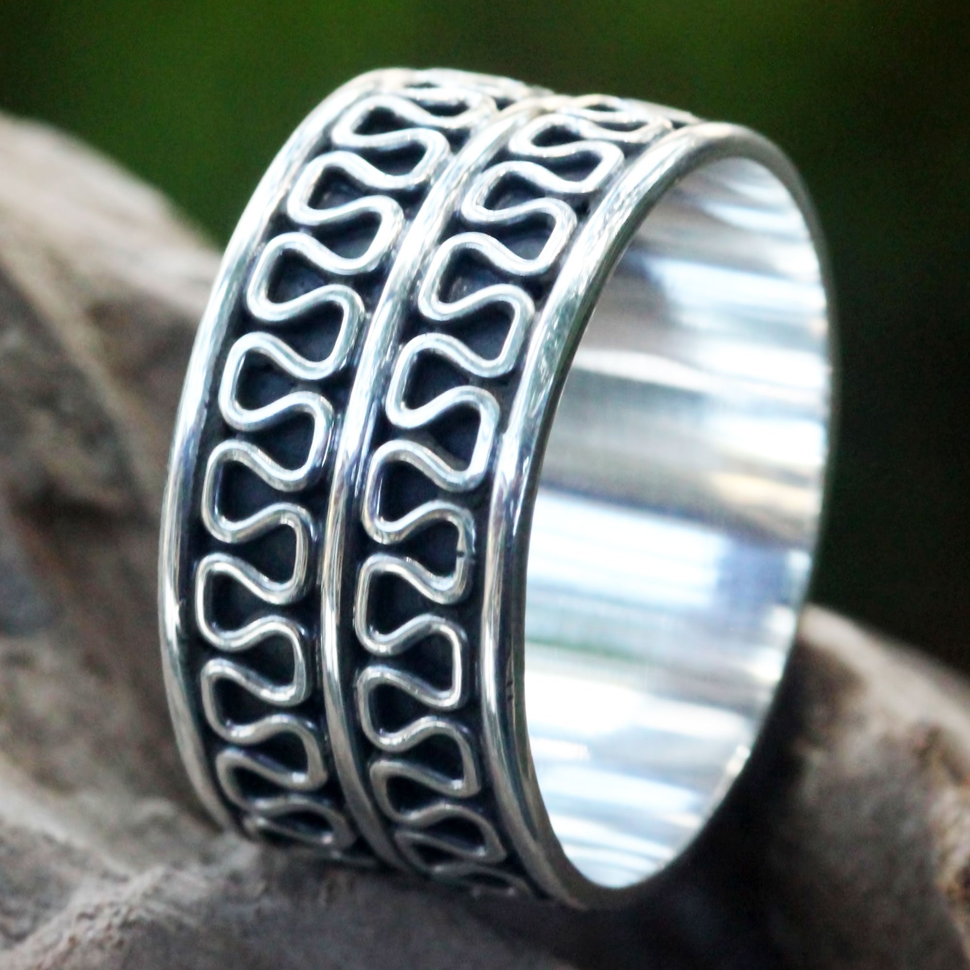 Premium Ripple Tides Men's Sterling Silver Band Ring - Artisan Crafted, Double Band Illusion