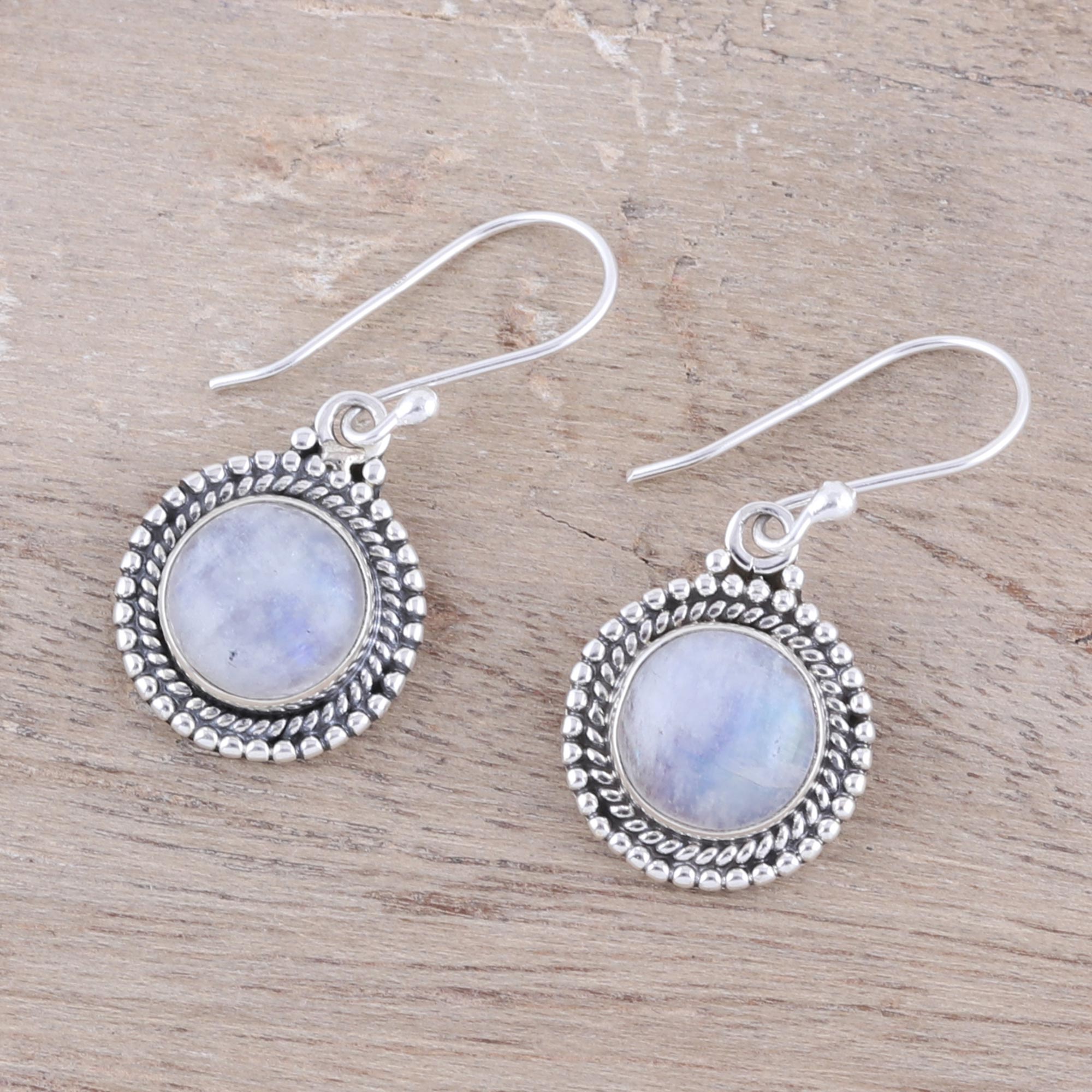 Premium Moonlight Dots Rainbow Moonstone Dangle Earrings - Handcrafted in India