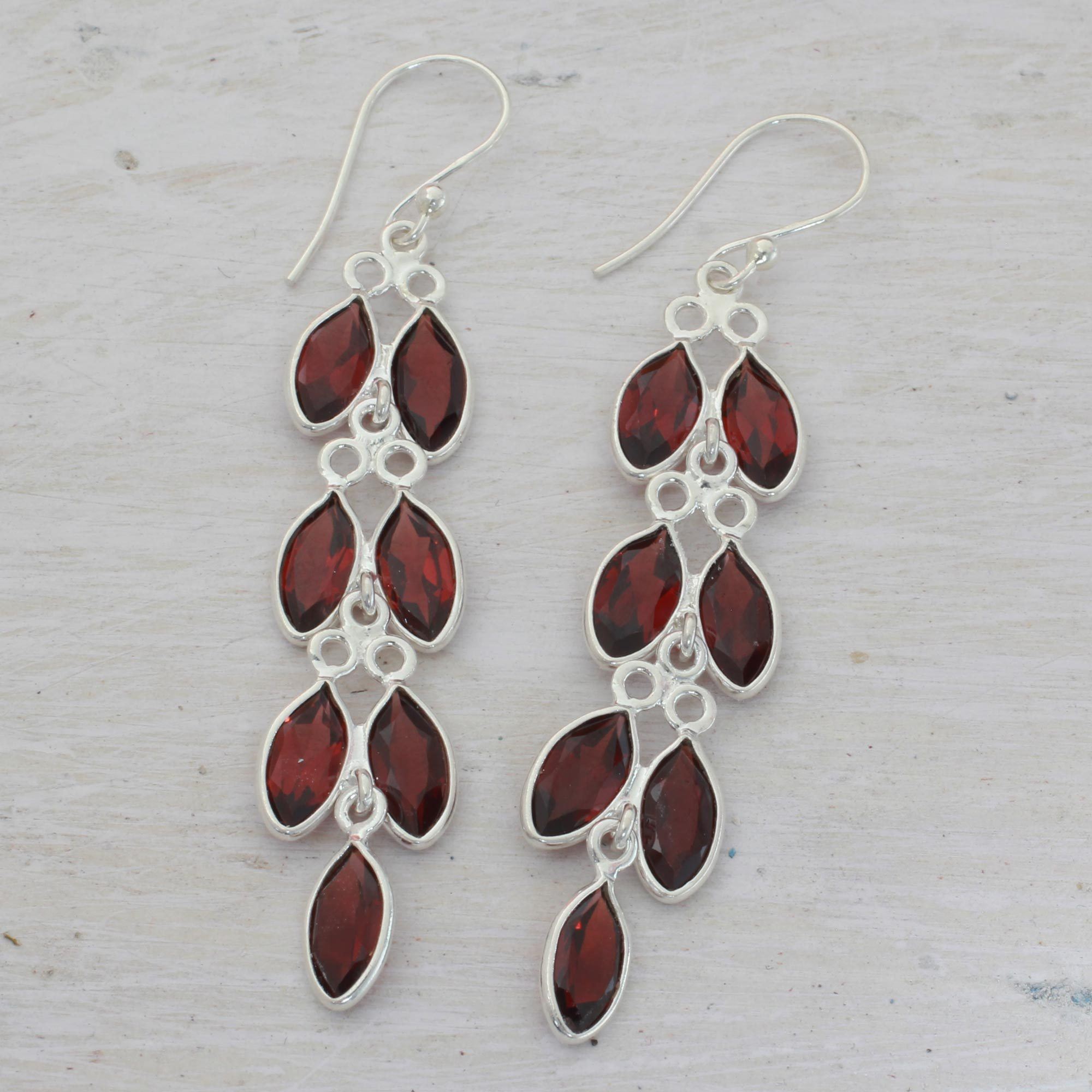 Premium Garnet Leaf Dangle Earrings - Handmade Sterling Silver Jewelry