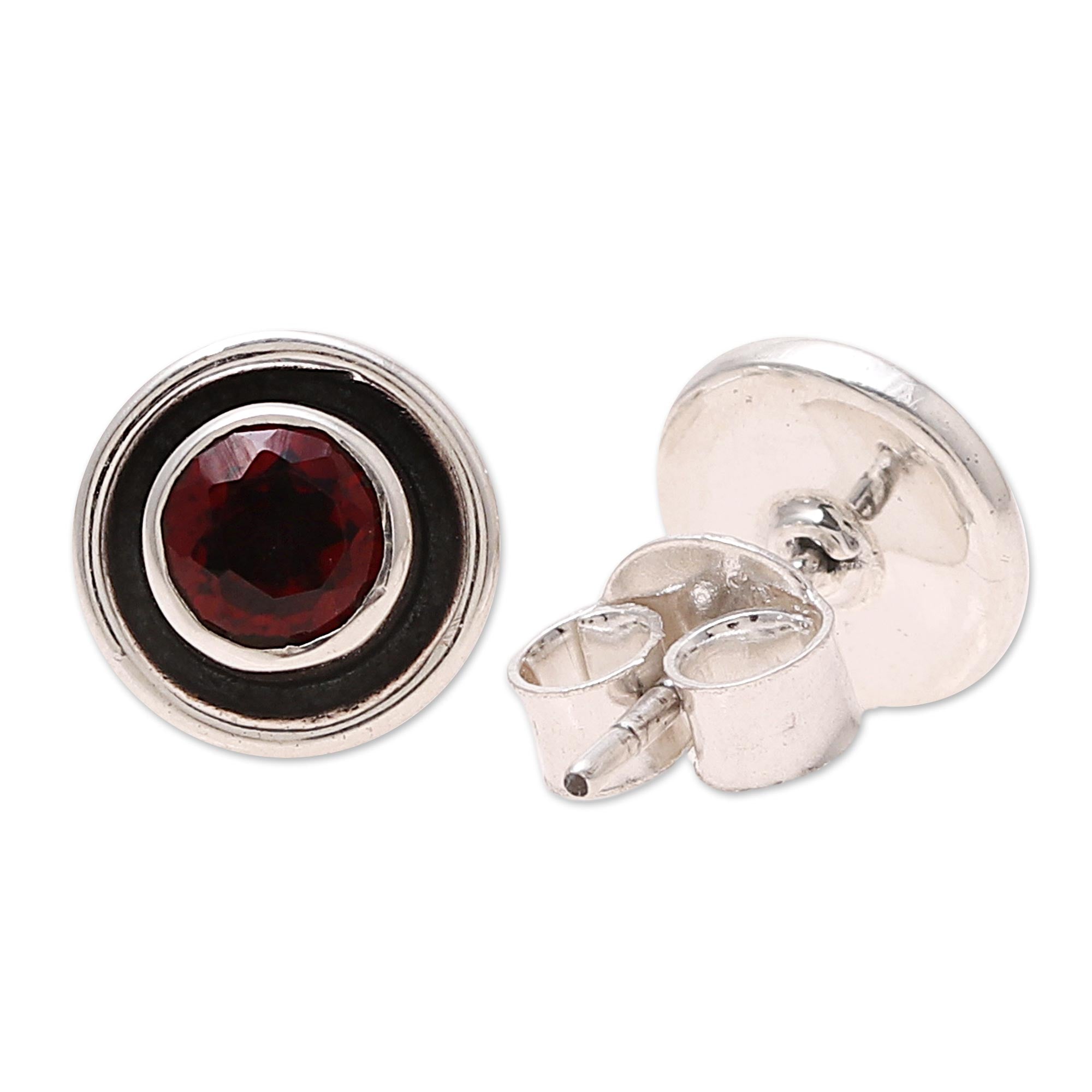 Premium Framed Sparkle Garnet Stud Earrings - Handcrafted Sterling Silver Jewelry