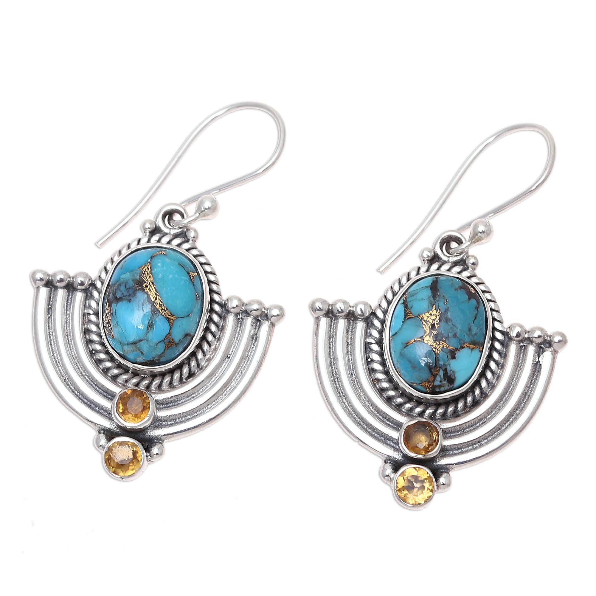 Premium Blue Flame Citrine & Turquoise Dangle Earrings - Handcrafted Sterling Silver