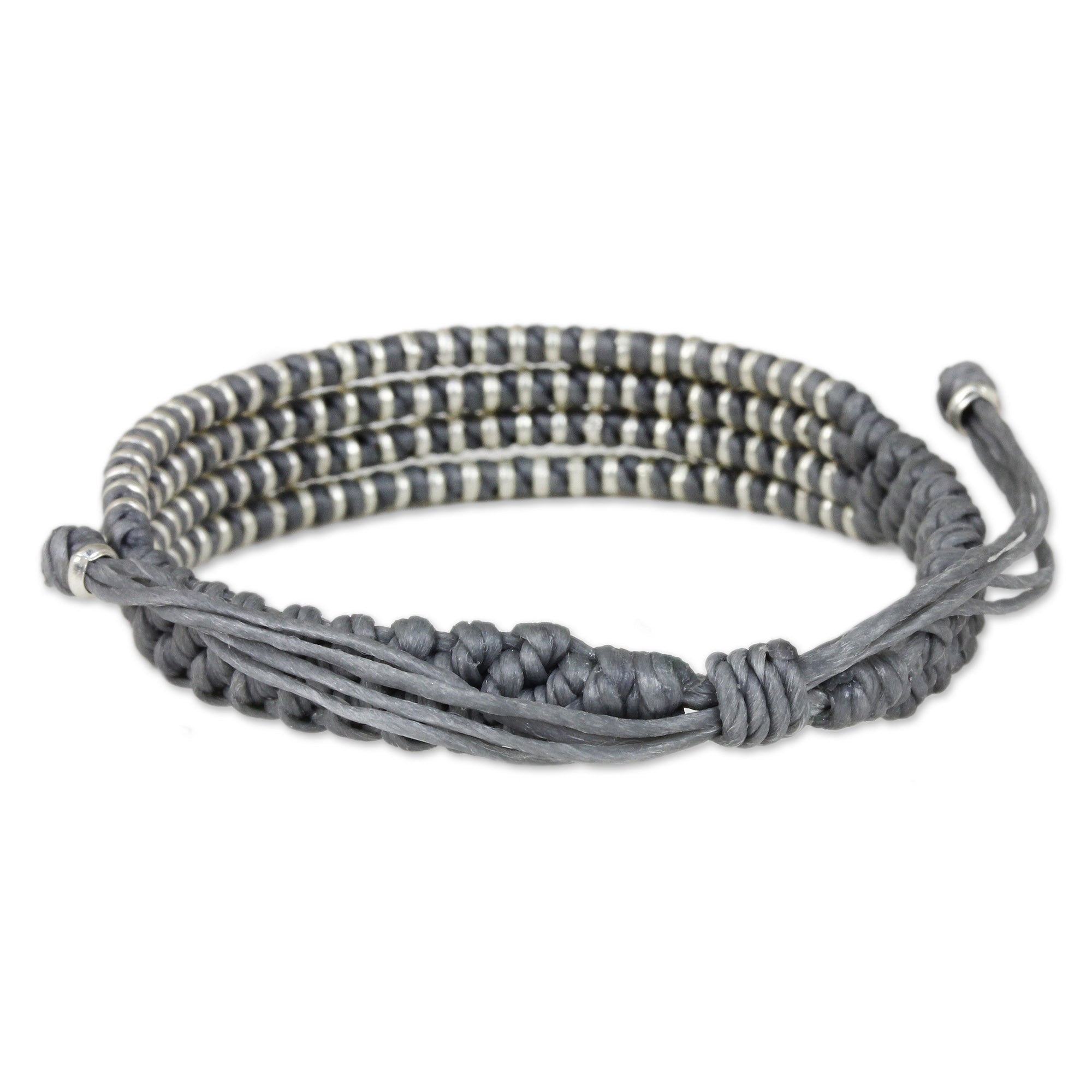 Premium Handcrafted Misty Chiang Mai Quartet Bracelet – Silver & Light Grey Macrame Elegance