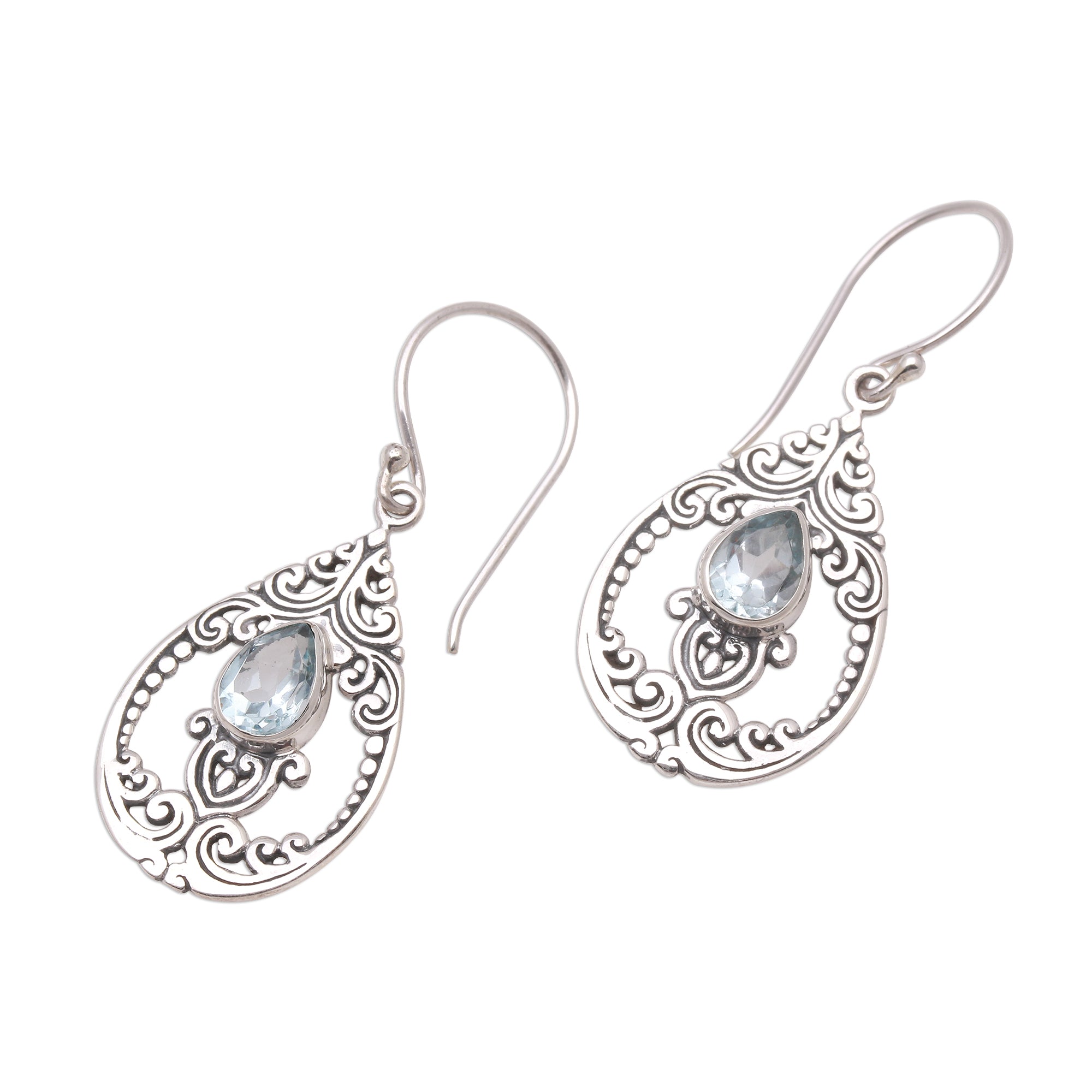 Premium Glittering Pear Blue Topaz Dangle Earrings – Handcrafted in Bali