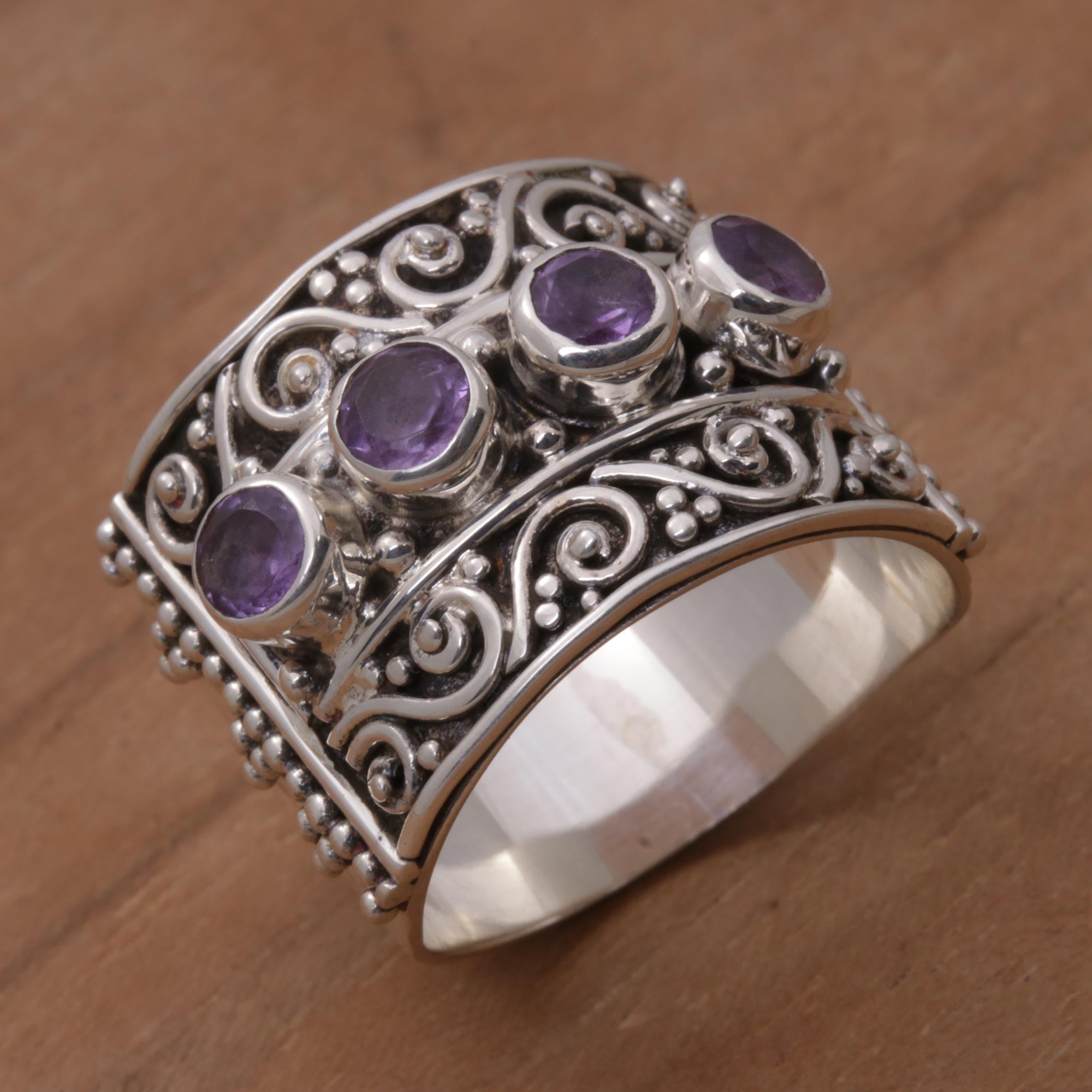 Premium Bali Amethyst Sterling Silver Ring - Elegant Multi-Stone Design