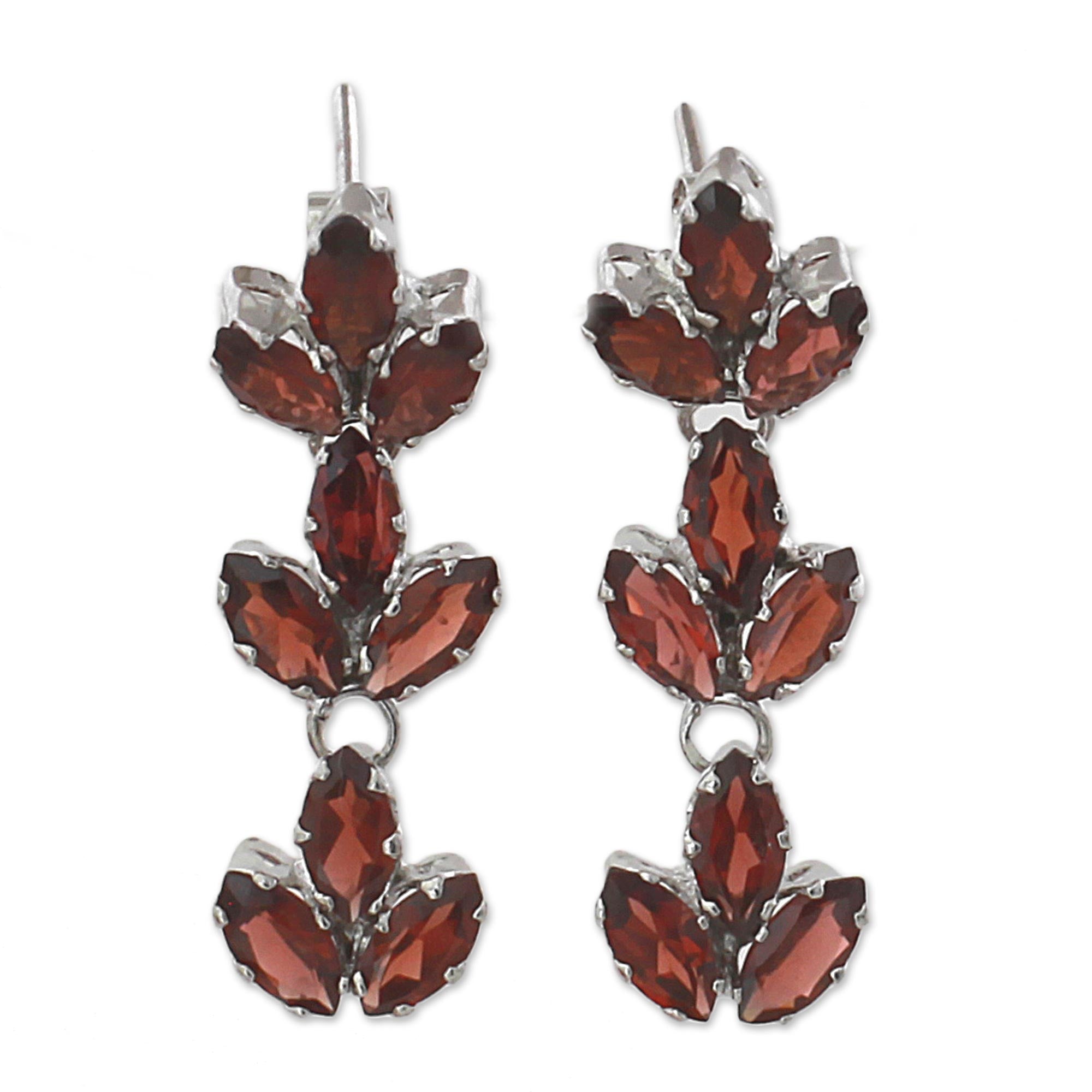 Premium Radiant Red Garnet Leaf Dangle Earrings – Handcrafted Sterling Silver