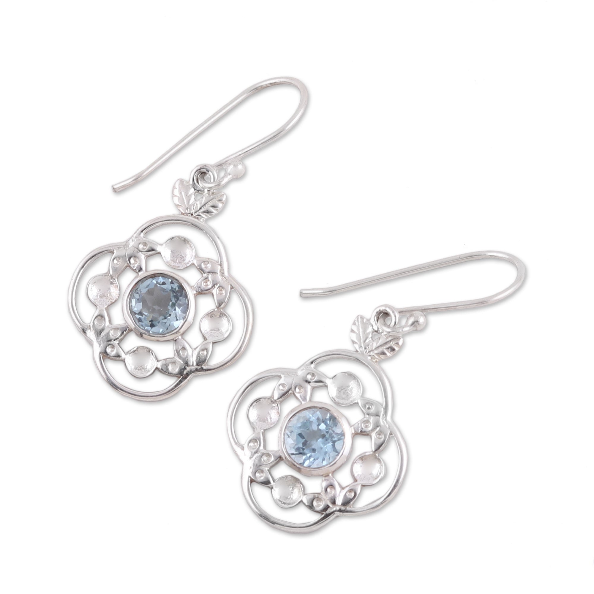 Premium Blue Topaz Flower Dangle Earrings in Sterling Silver