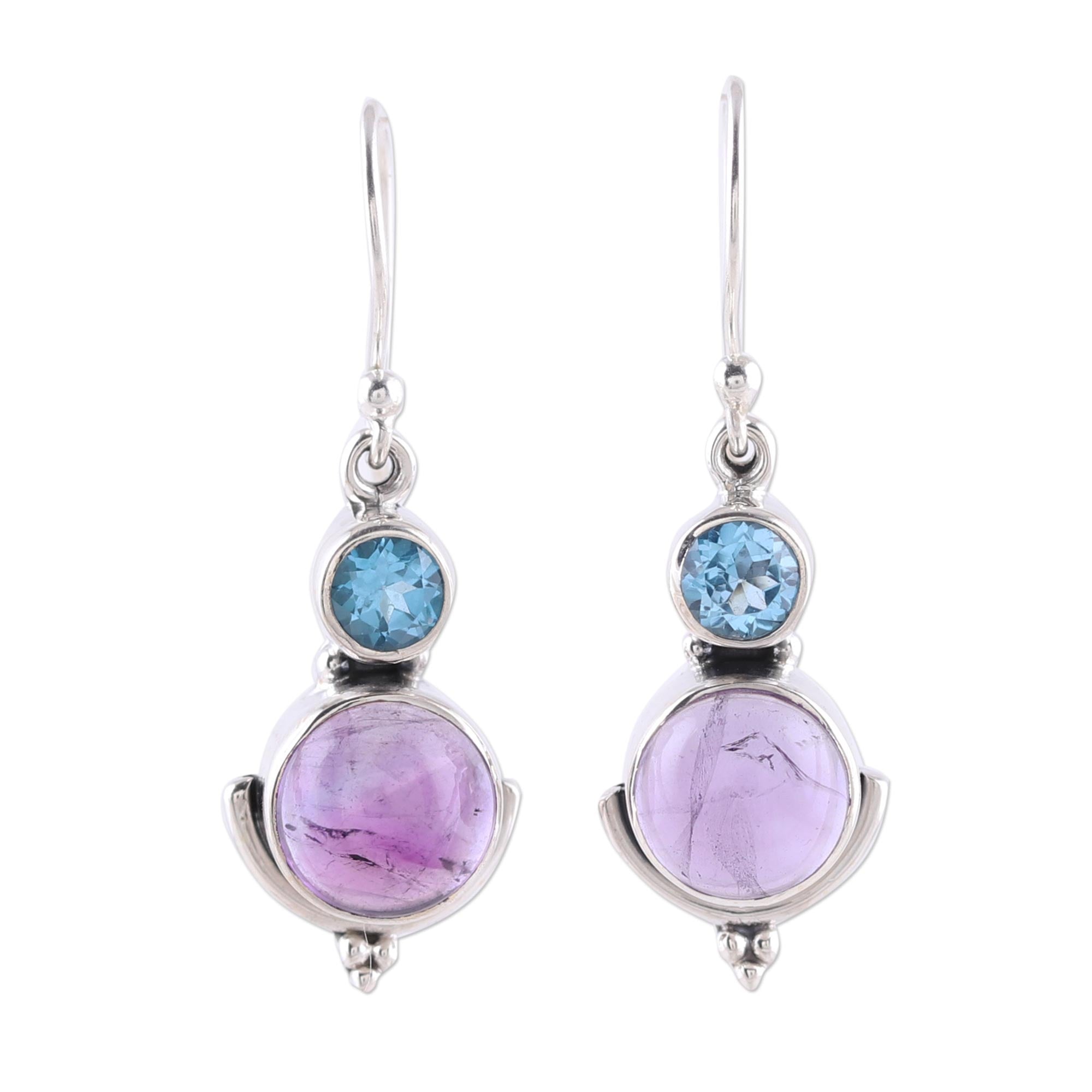 Premium Lively Harmony Amethyst & Blue Topaz Dangle Earrings - Handcrafted in India