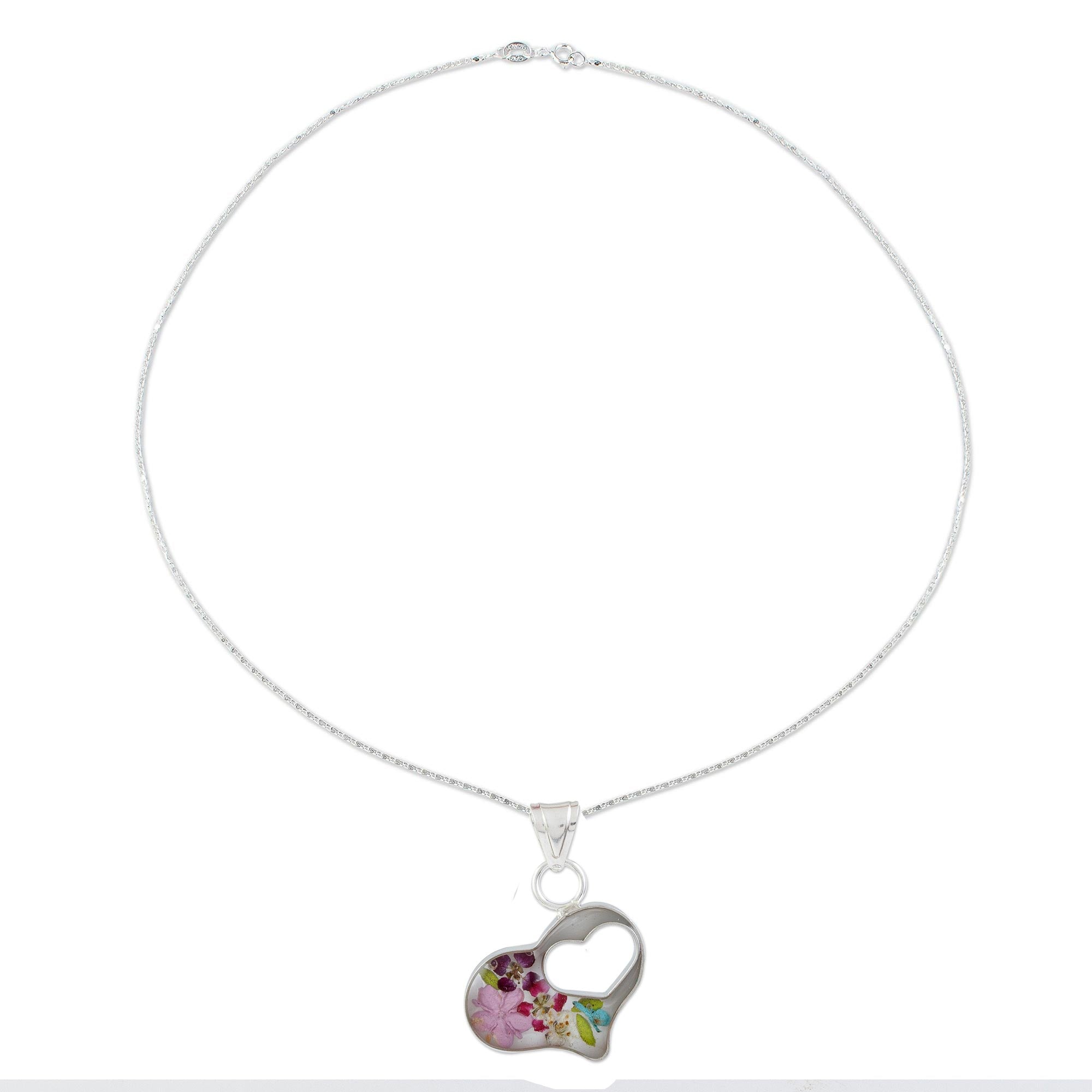 Premium Double Heart Flower Resin Pendant Necklace in Sterling Silver