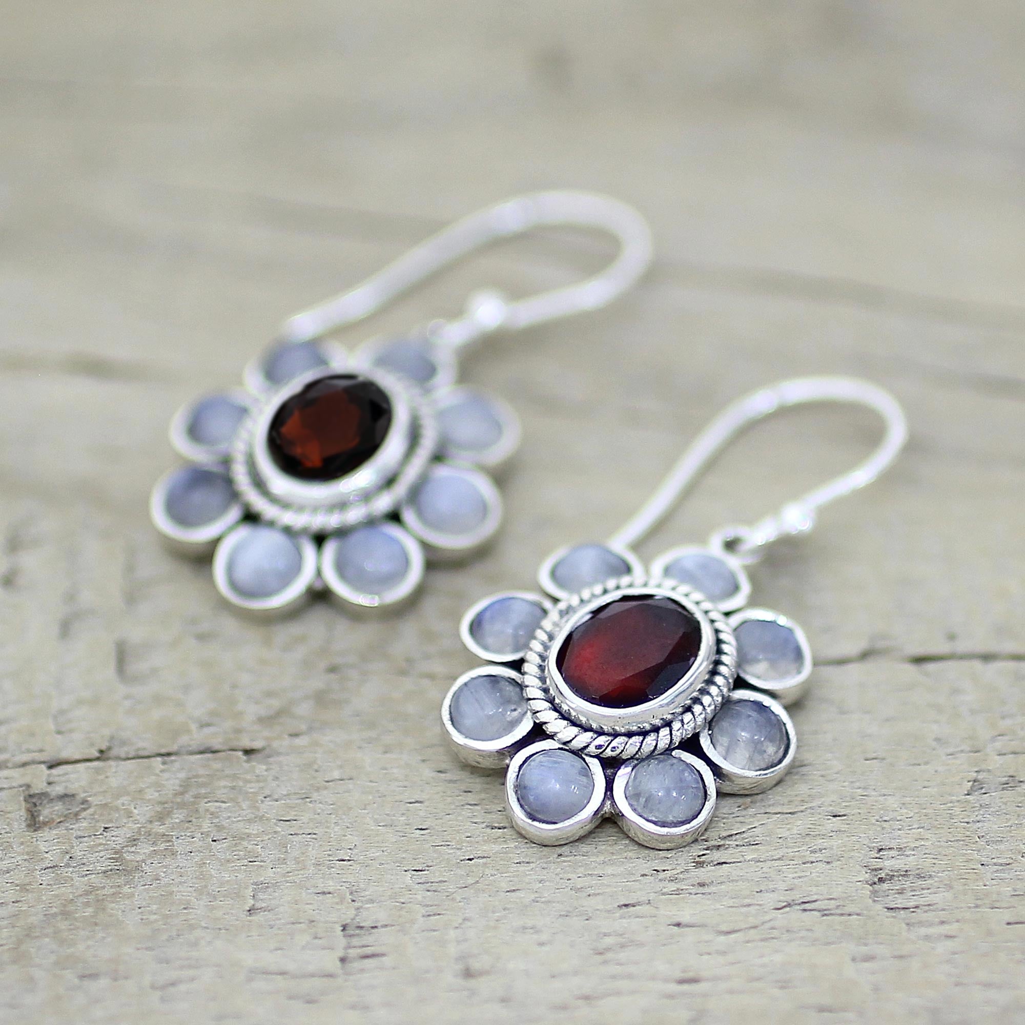 Premium Sterling Silver Dangle Earrings with Rainbow Moonstone & Garnet