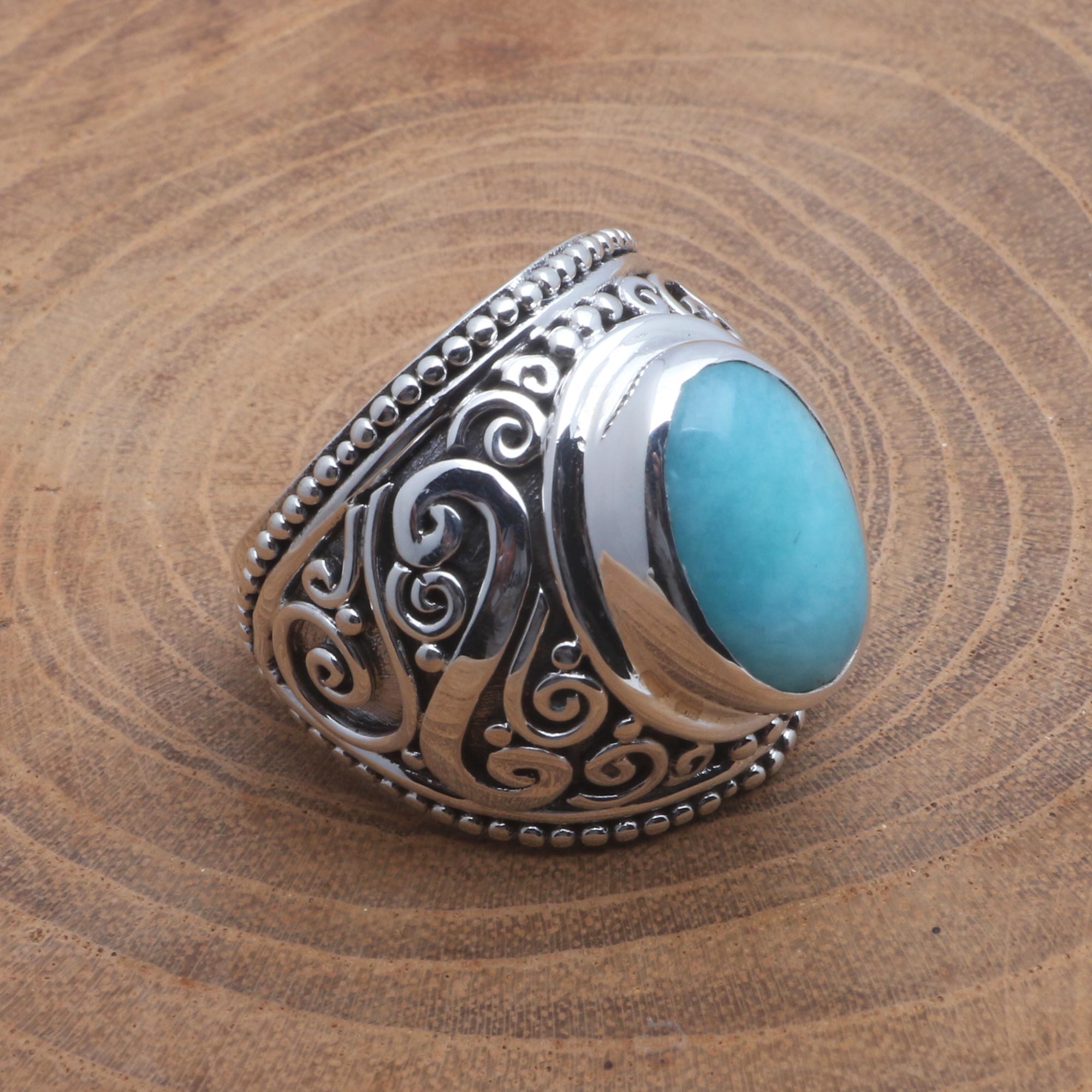 Premium Misty Temple Oval Amazonite Sterling Silver Scroll Cocktail Ring