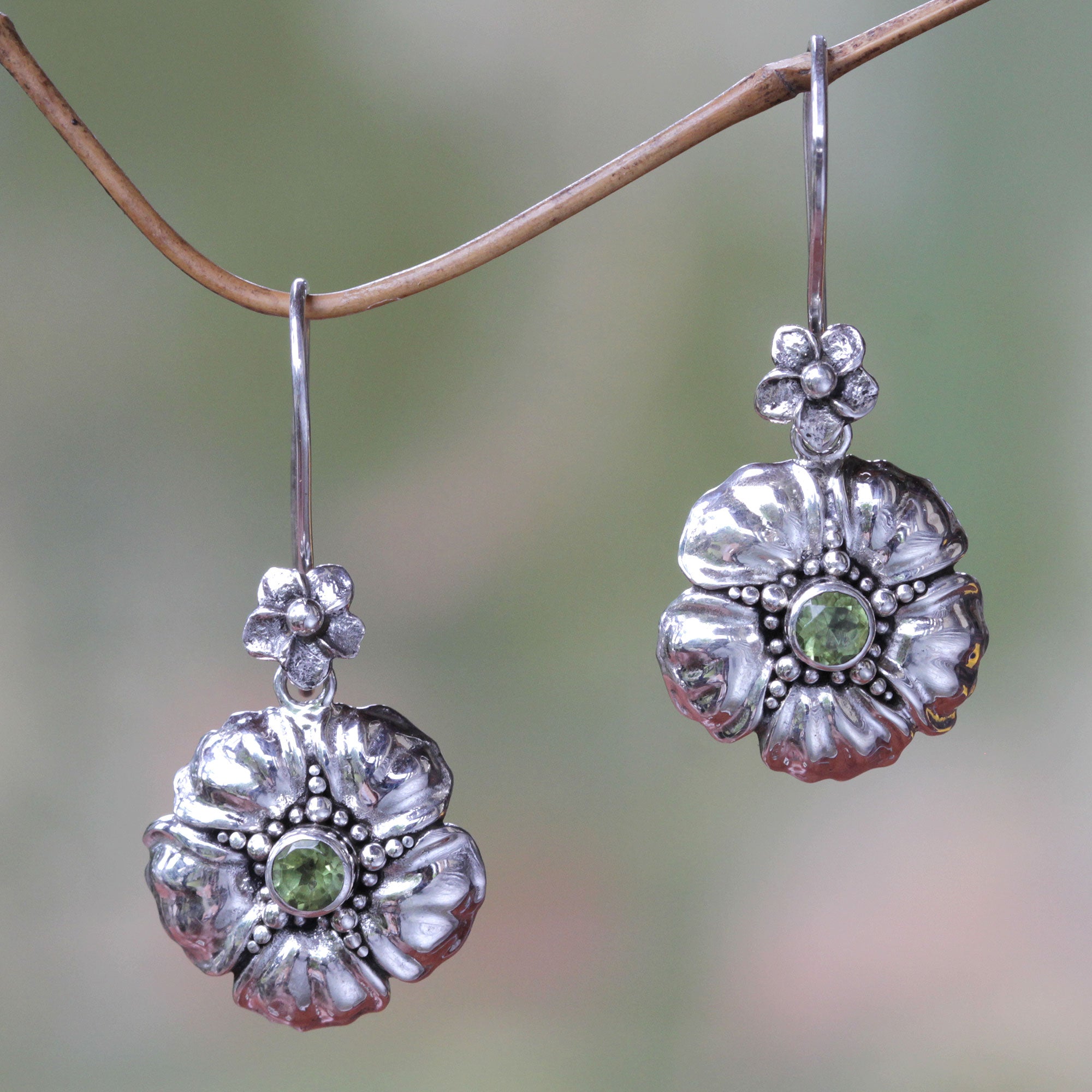 Premium Handcrafted Balinese Hibiscus Earrings with Peridot