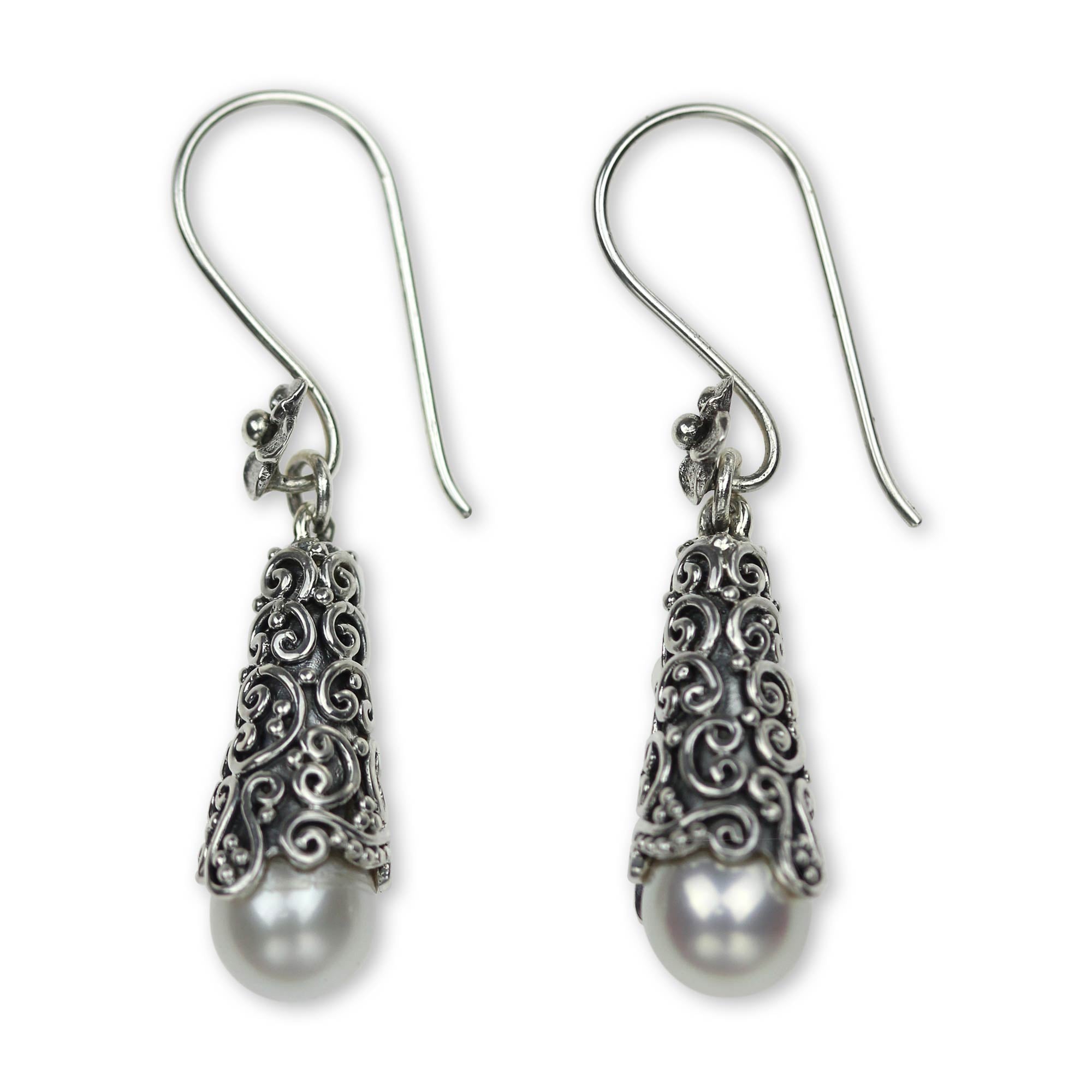 Premium White Arabesque Pearl Dangle Earrings - Handcrafted Elegance