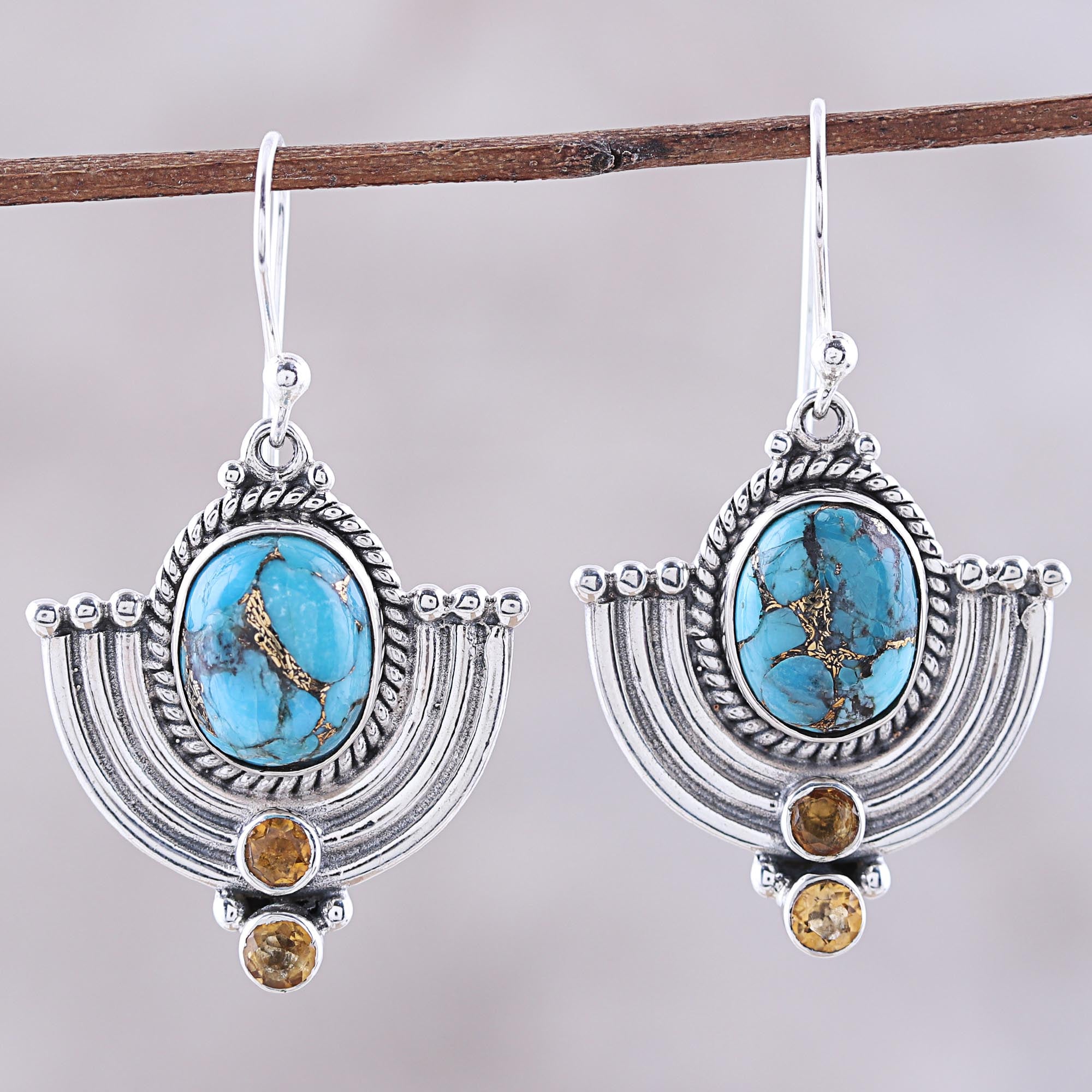 Premium Blue Flame Citrine & Turquoise Dangle Earrings - Handcrafted Sterling Silver