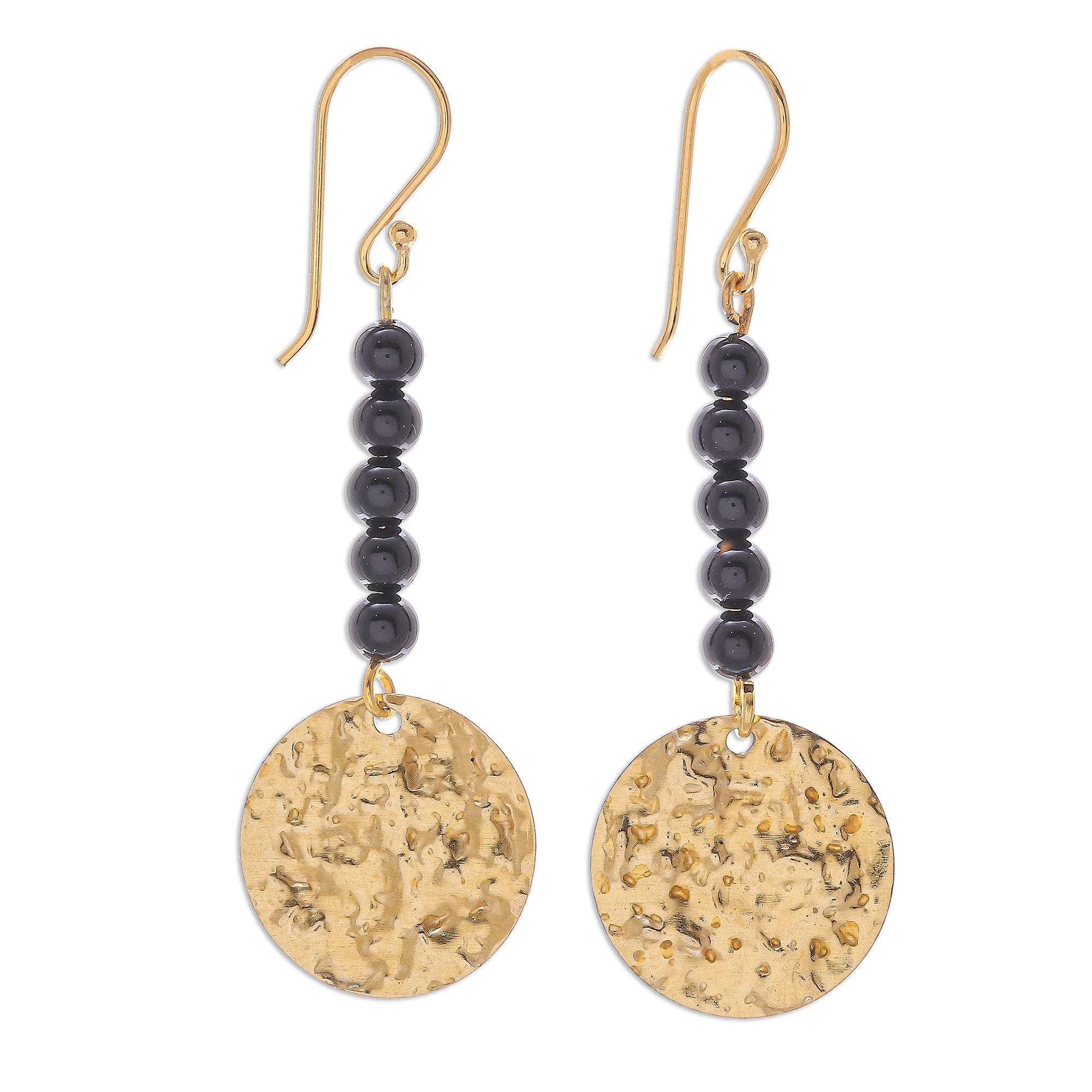 Premium Midnight Black Onyx & Brass Coin Dangle Earrings – Golden Elegance