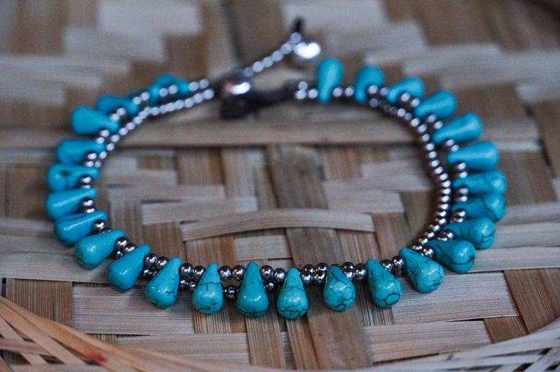 Premium Turquoise Teardrop Boho Silver Anklet - Ultimate Bohemian Style