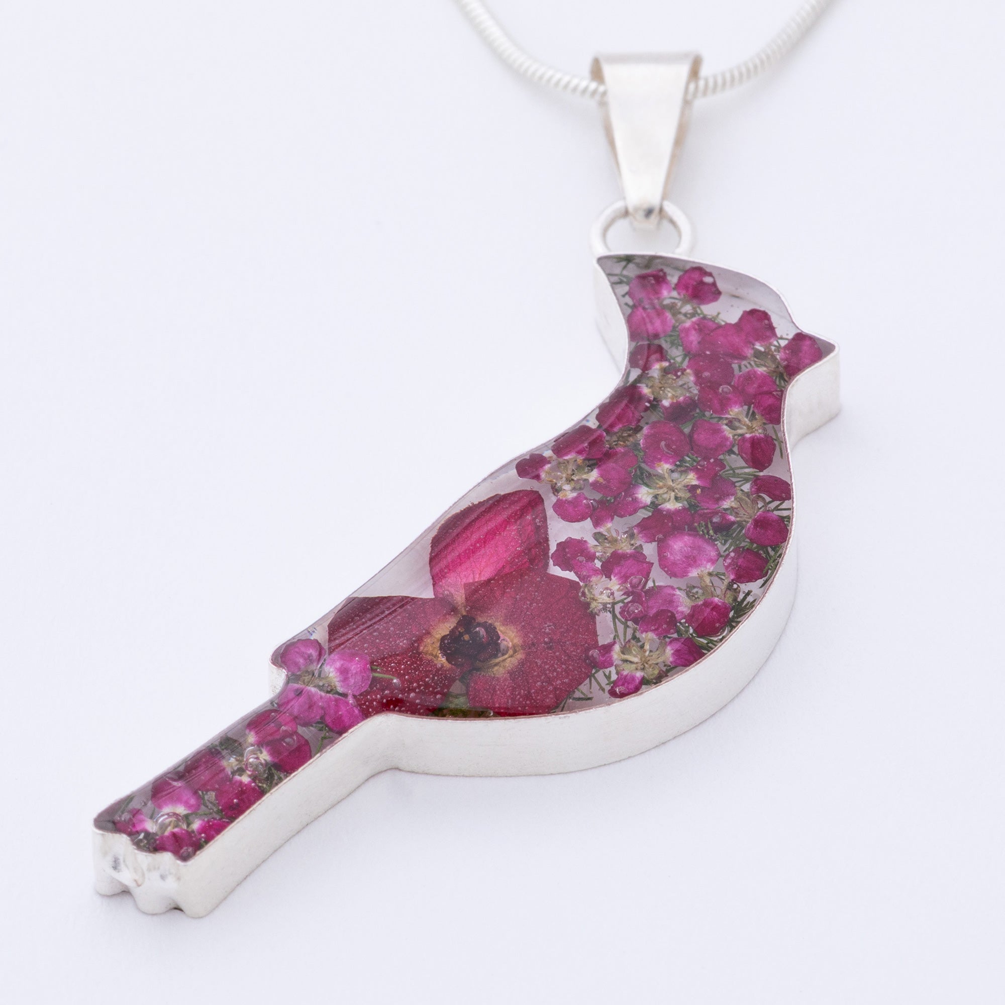 Premium Sterling Silver Cardinal Necklace with Real Flowers