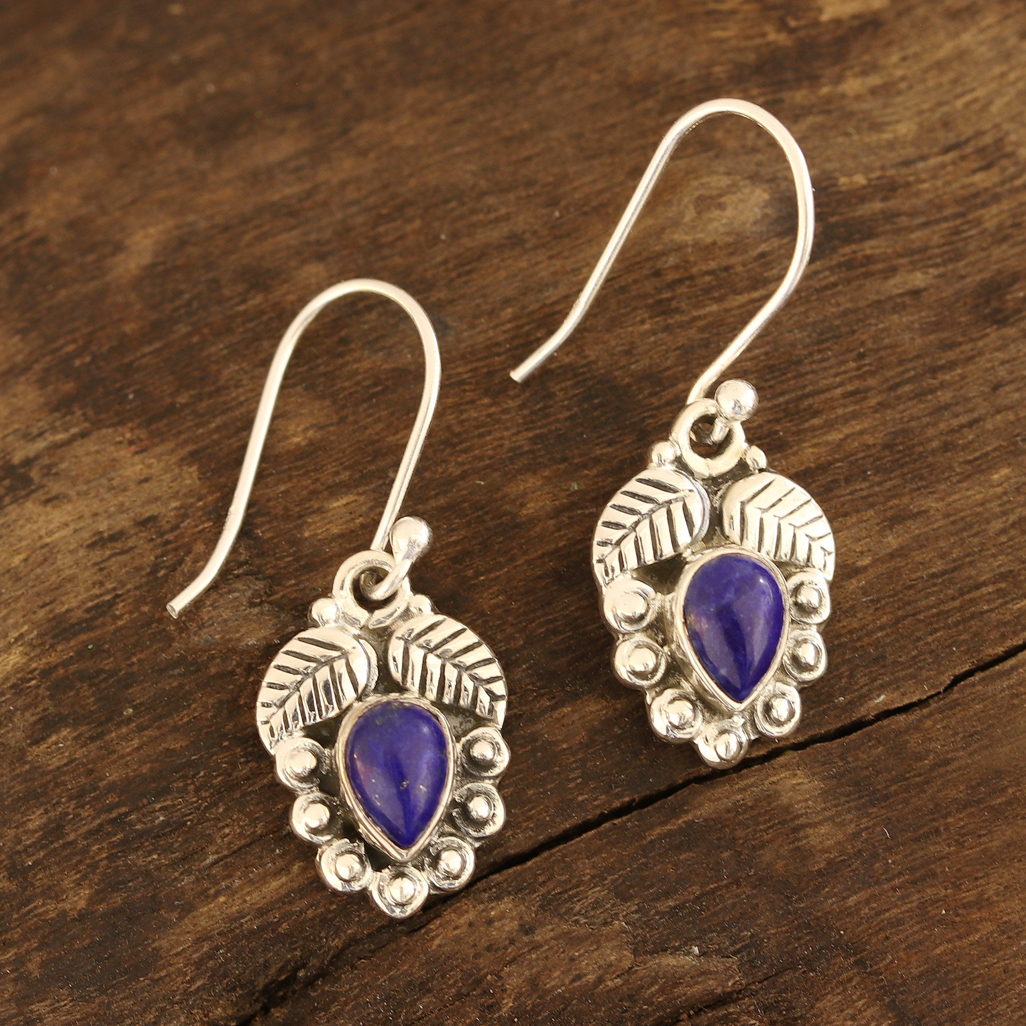 Premium Lapis Lazuli Leaf Dangle Earrings – Handcrafted Sterling Silver Jewelry from India