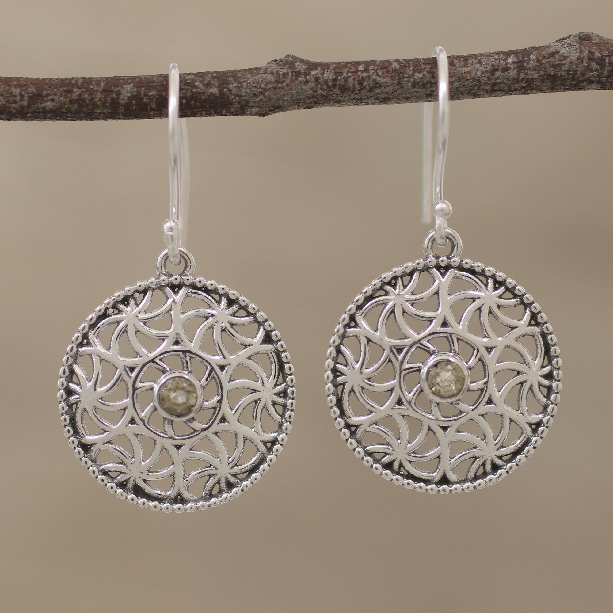 Premium Circular Stars Citrine Dangle Earrings - Handcrafted Sterling Silver Jewelry from India