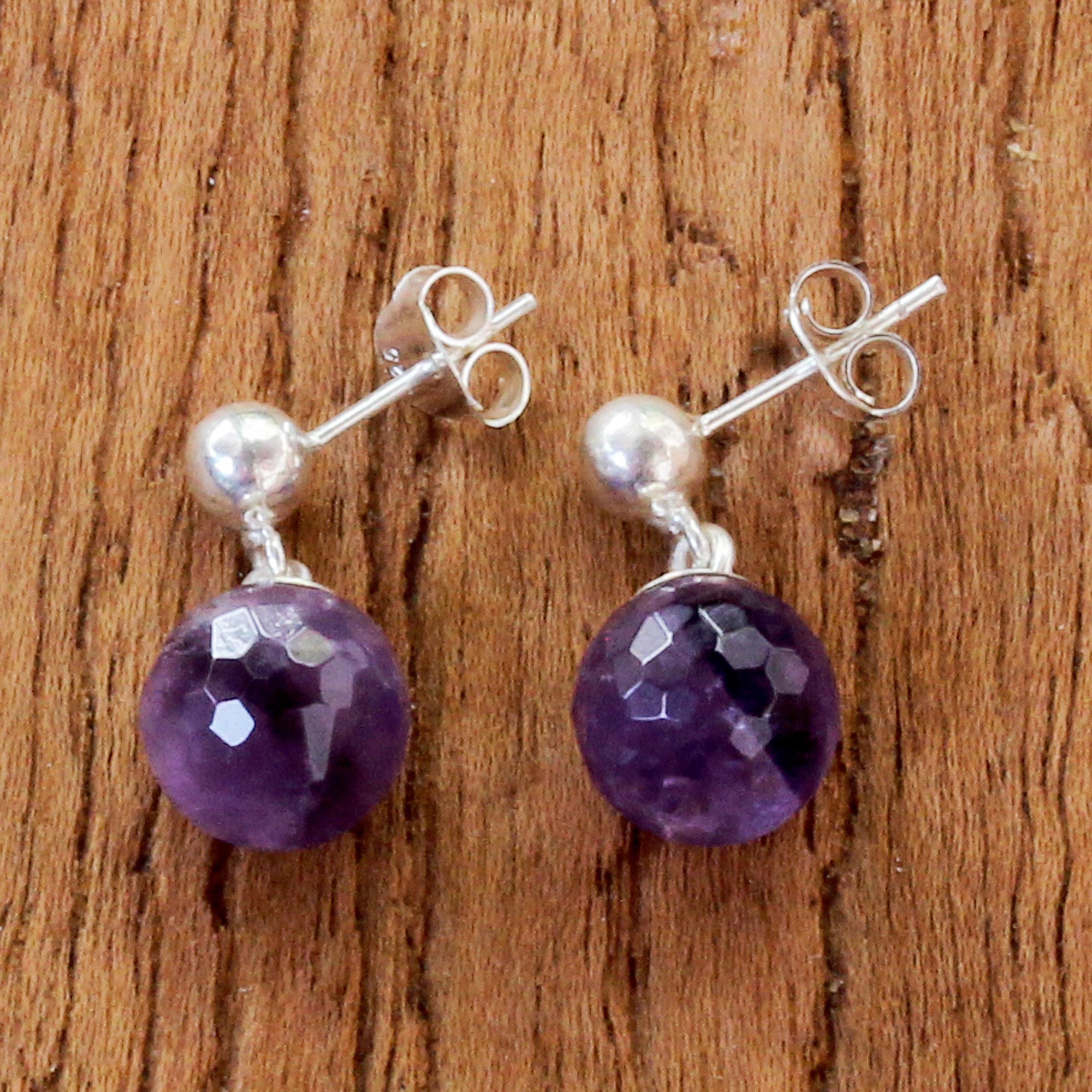 Premium Romantic Night Faceted Amethyst Sterling Silver Dangle Earrings - Handcrafted in Thailand