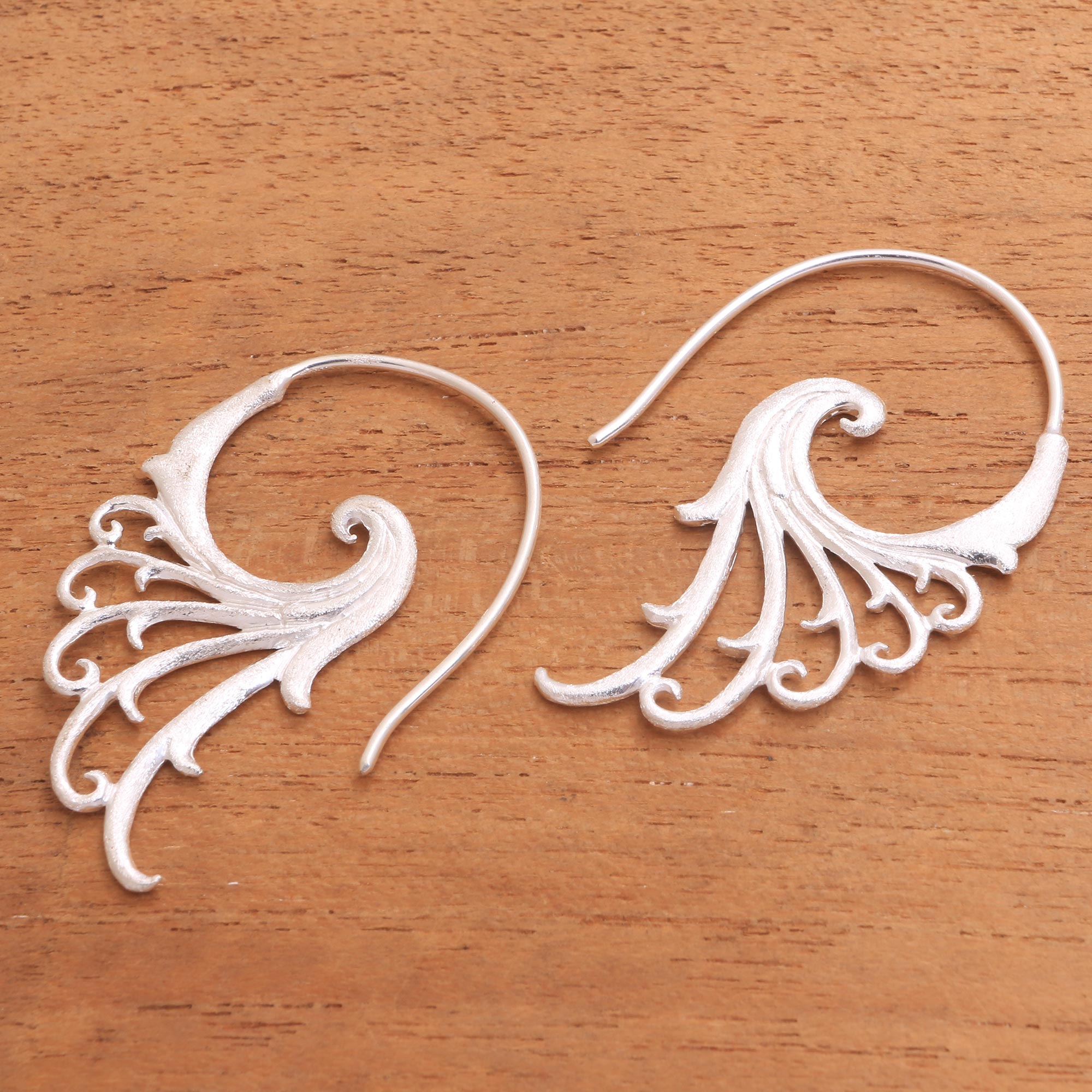 Premium Angelic Wings Sterling Silver Half-Hoop Earrings - Artisan Crafted in Bali