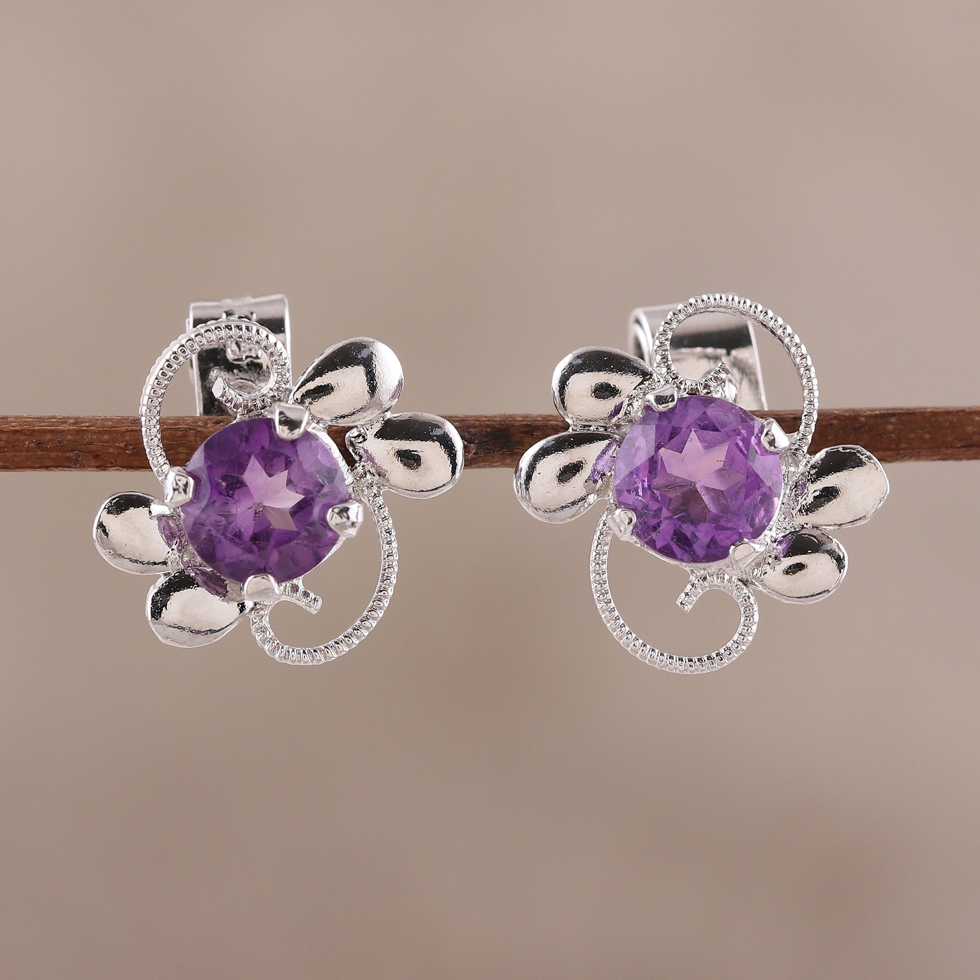 Premium Glittering Purple Amethyst Stud Earrings – Handcrafted Rhodium-Plated Sterling Silver