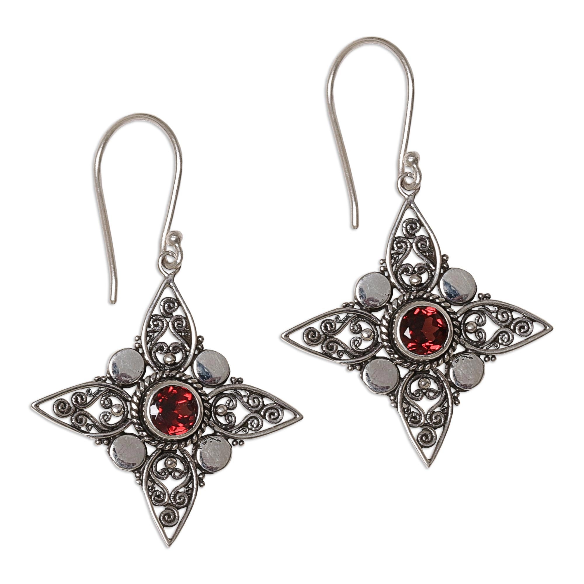 Premium Four-Pointed Stars Sterling Silver Dangle Earrings with Red Garnet