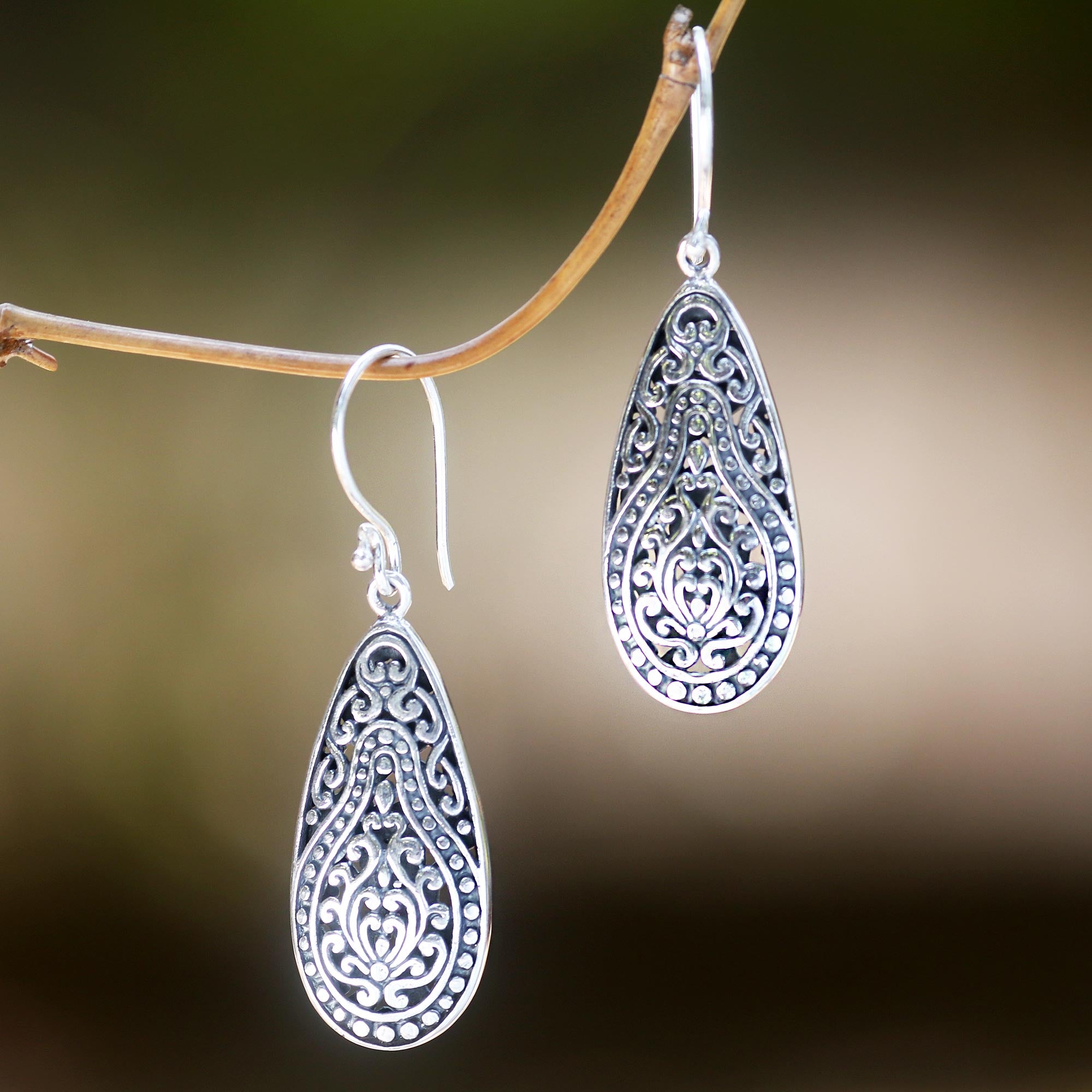 Premium Floral Pear Sterling Silver Dangle Earrings – Handcrafted in Bali