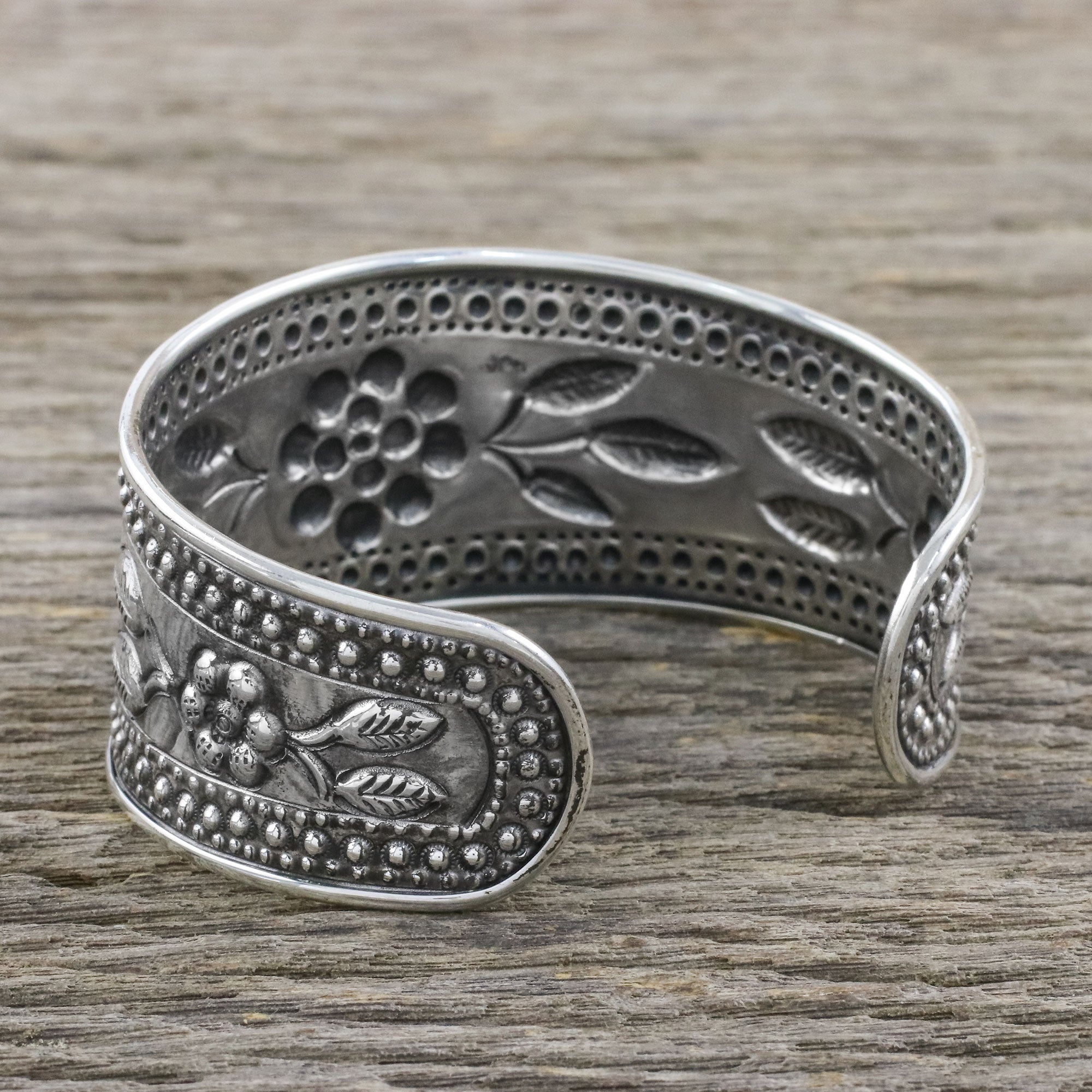 Premium Thai Sterling Silver Floral Cuff Bracelet - Handcrafted Elegance