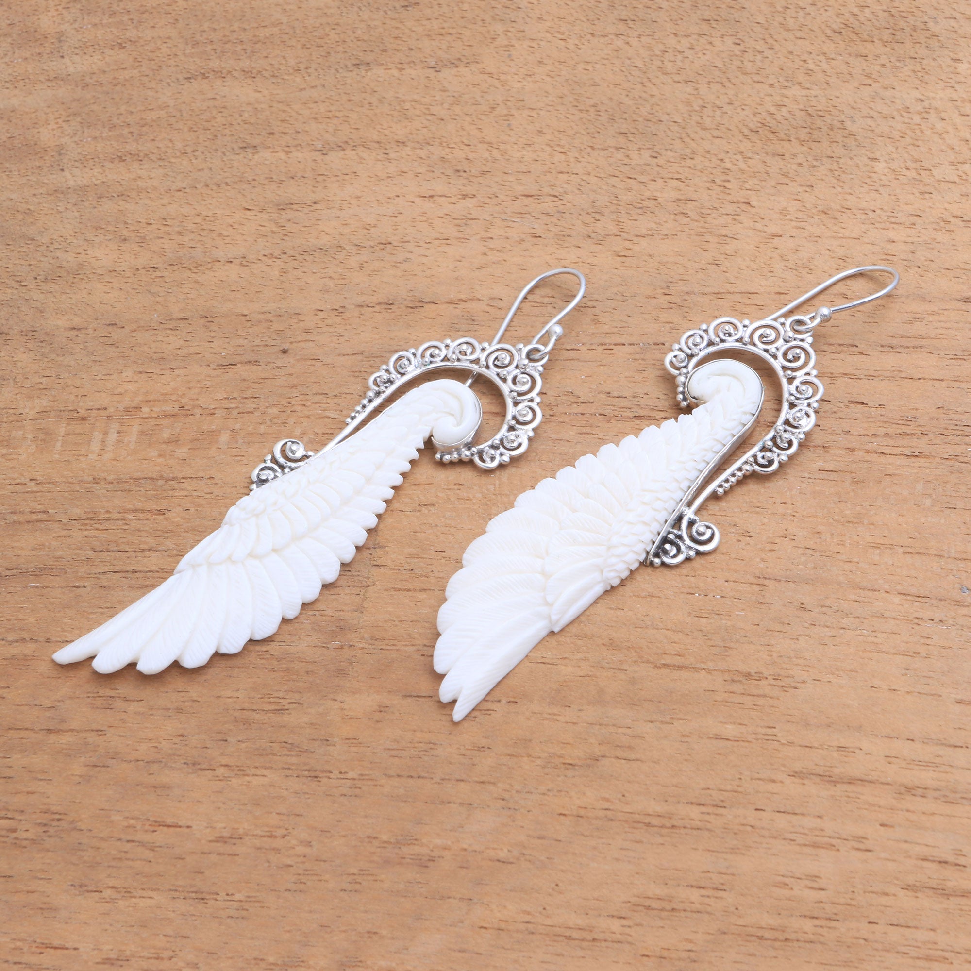 Premium Handcrafted Sterling Silver & Bone Wing Dangle Earrings - Bali Artisan Collection