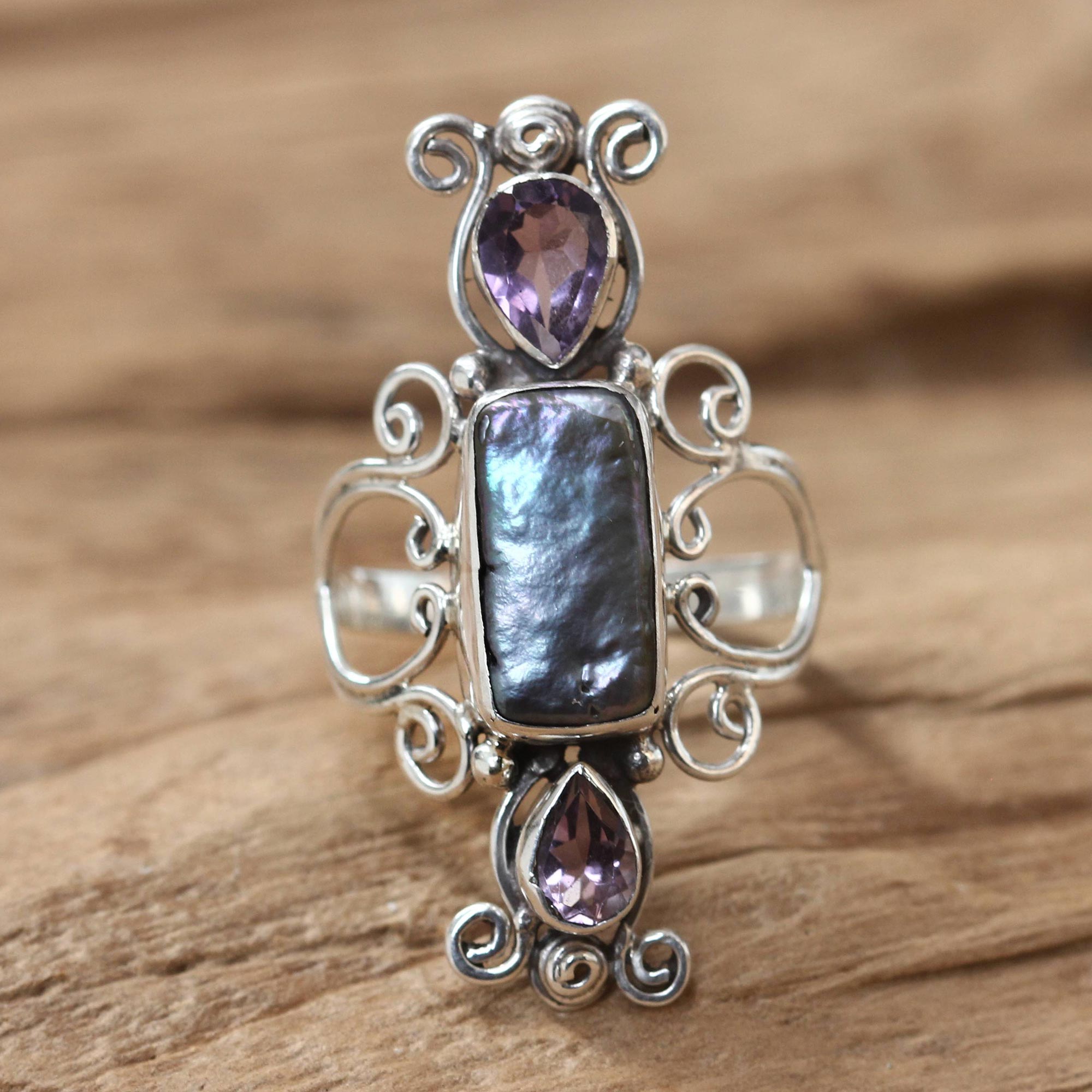 Premium Lavender Myths Pearl & Amethyst Silver Ring