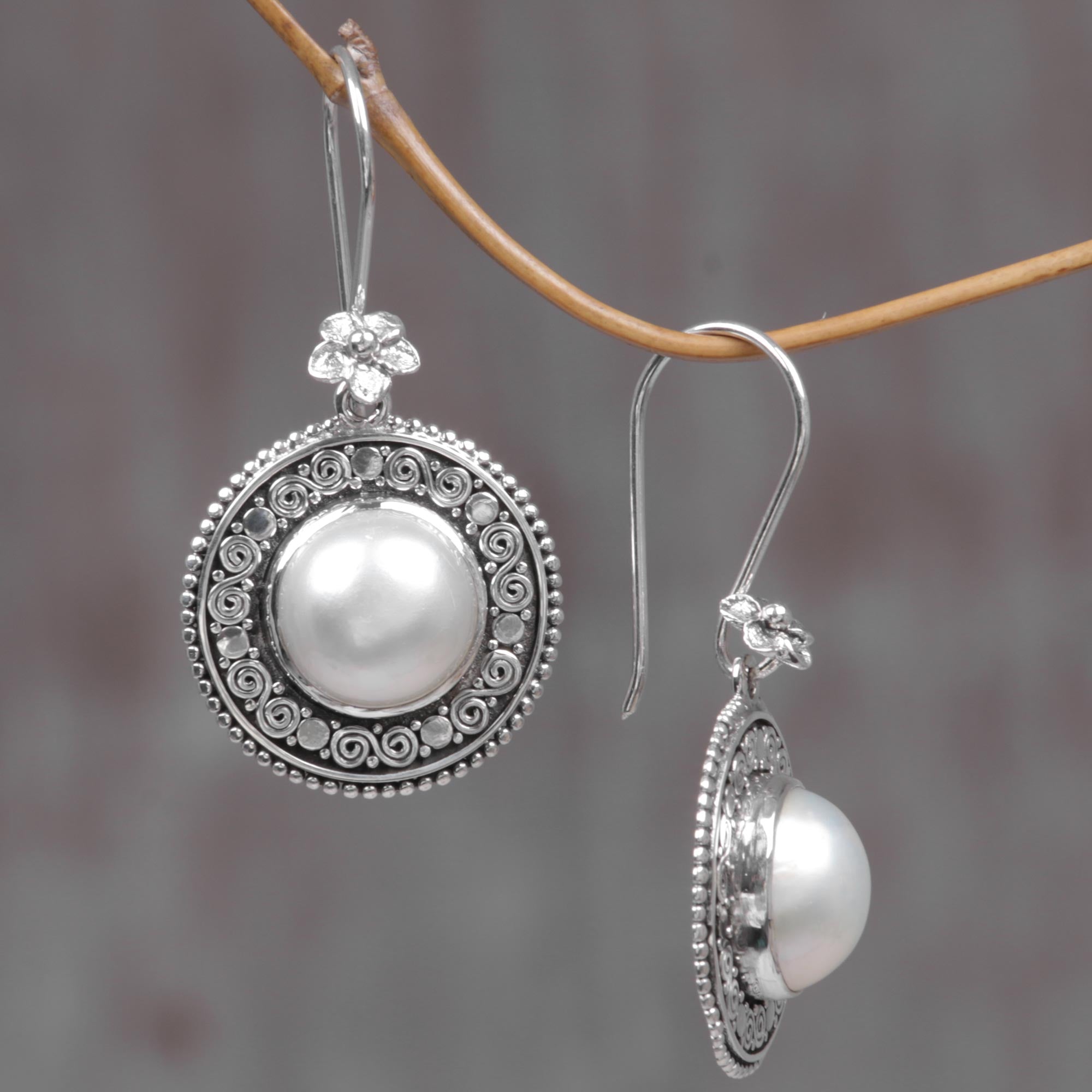 Premium Floral Mabe Pearl Dangle Earrings - Handcrafted in Indonesia