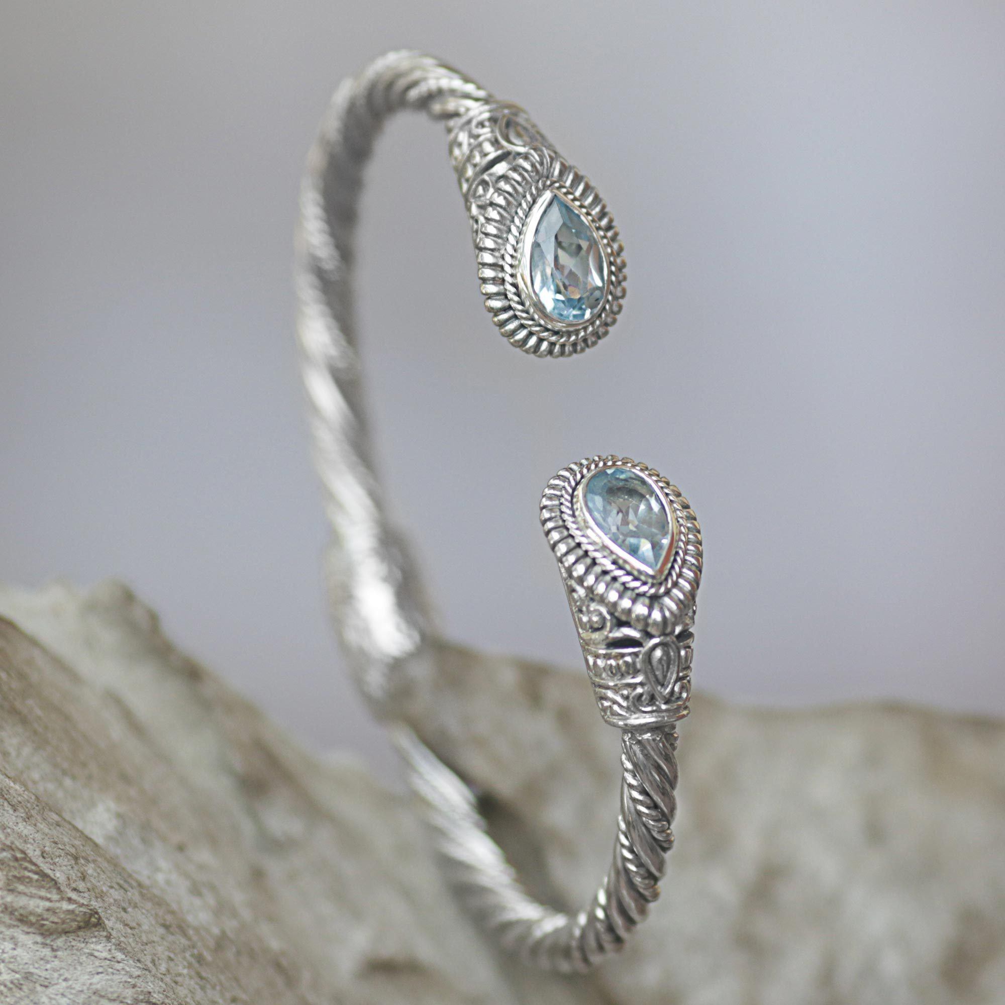 Premium Blue Topaz Sterling Silver Hinged Cuff Bracelet – Handcrafted Elegance