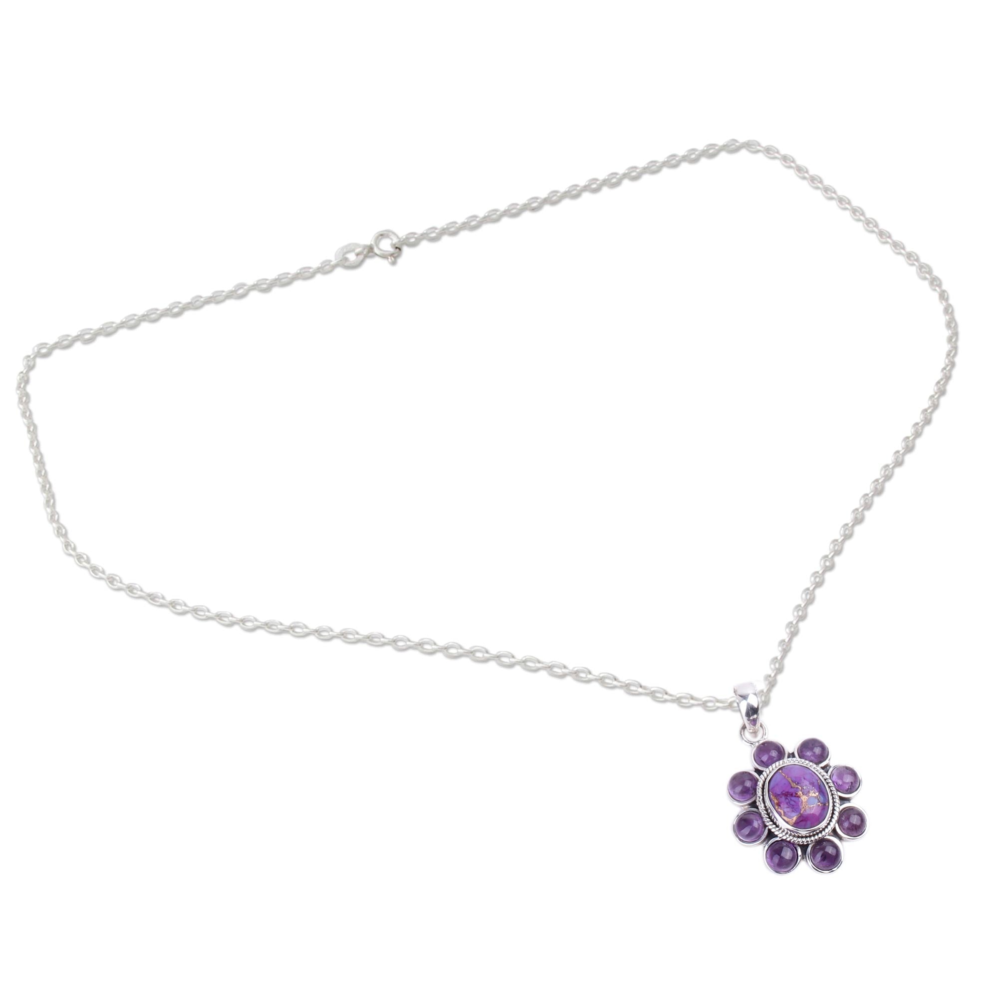 Premium Artisan Crafted Deep Purple Blossom Necklace with Amethyst & Turquoise