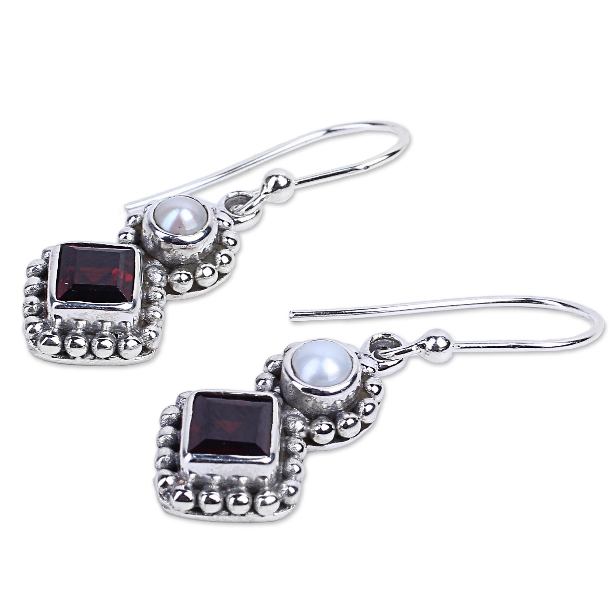 Premium Kolkata Sparkle Garnet and Cultured Pearl Dangle Earrings in Sterling Silver 925