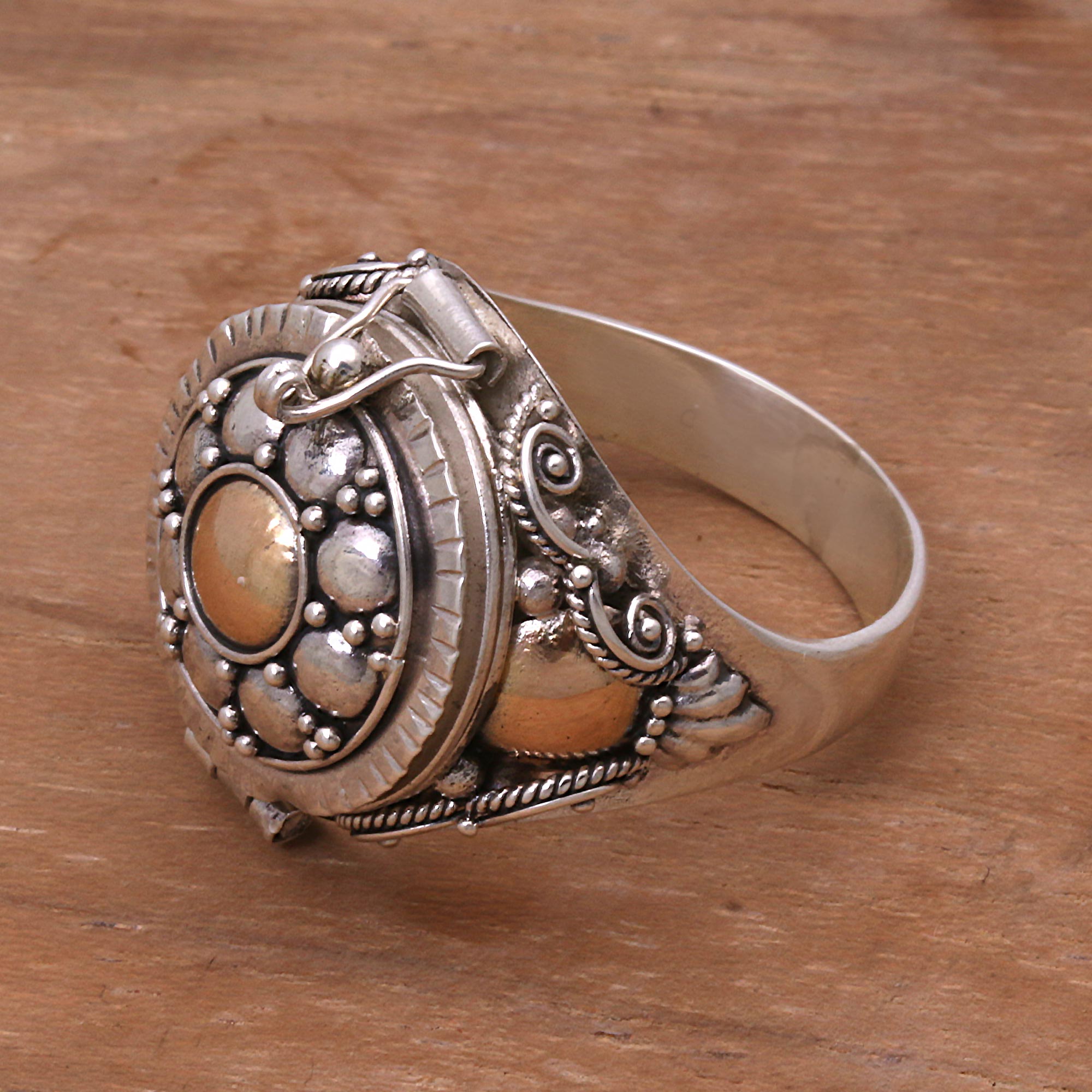 Premium Shining Secrets Sterling Silver & Gold Locket Ring - Handcrafted in Indonesia