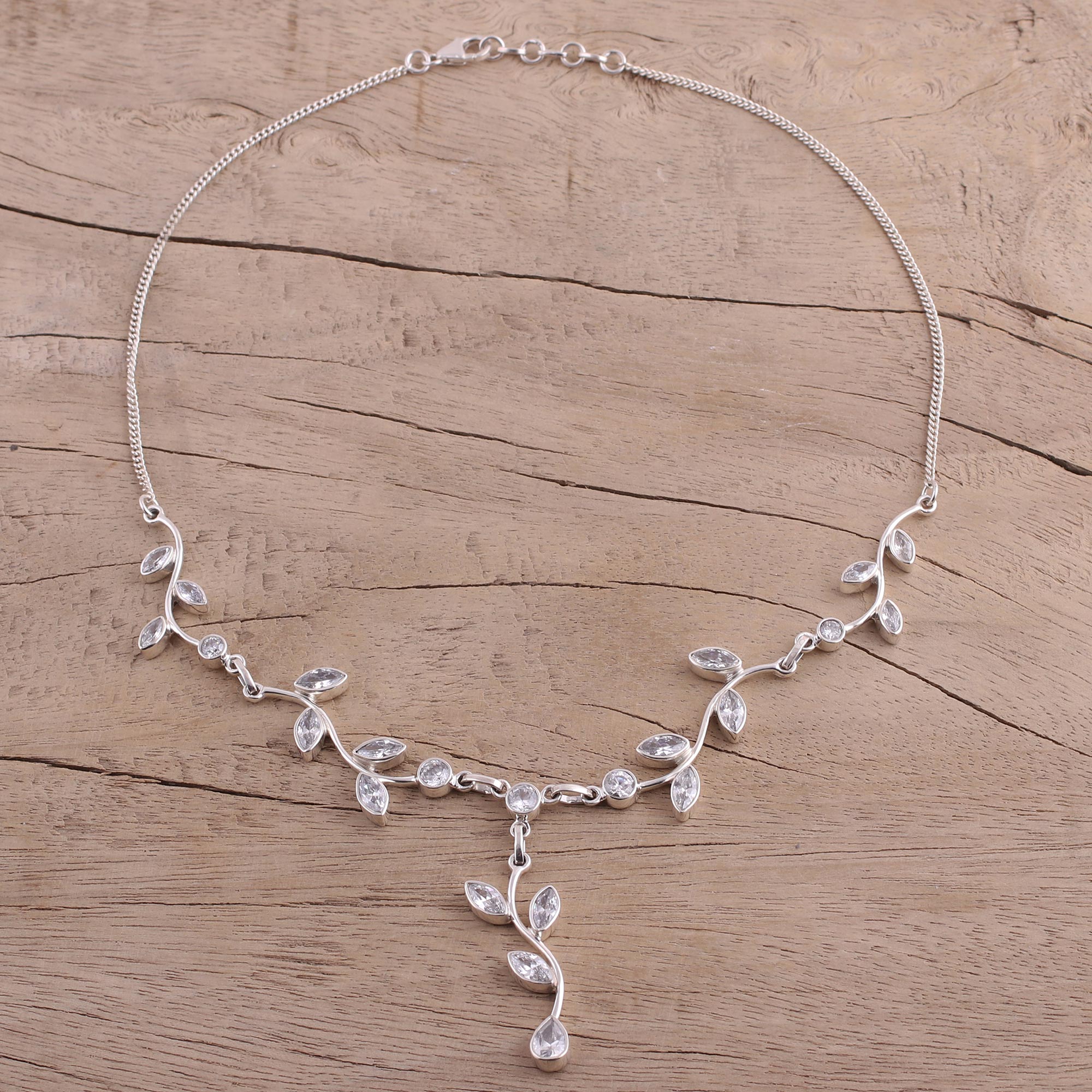 Premium Sparkling Quartz Garland Necklace in Sterling Silver - Handcrafted in India