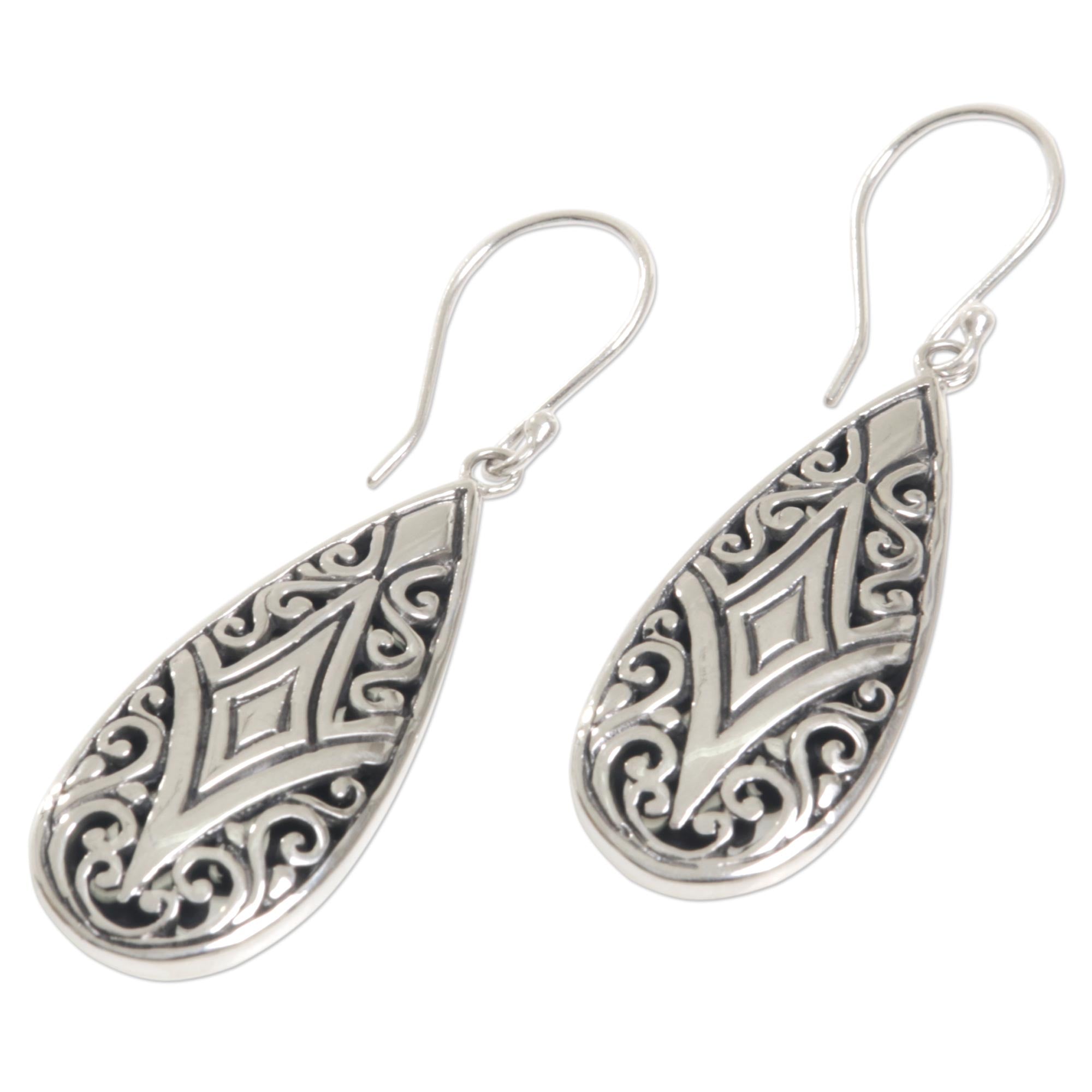 Premium Tamiang Drop Earrings - Sterling Silver with Balinese Floral Motifs