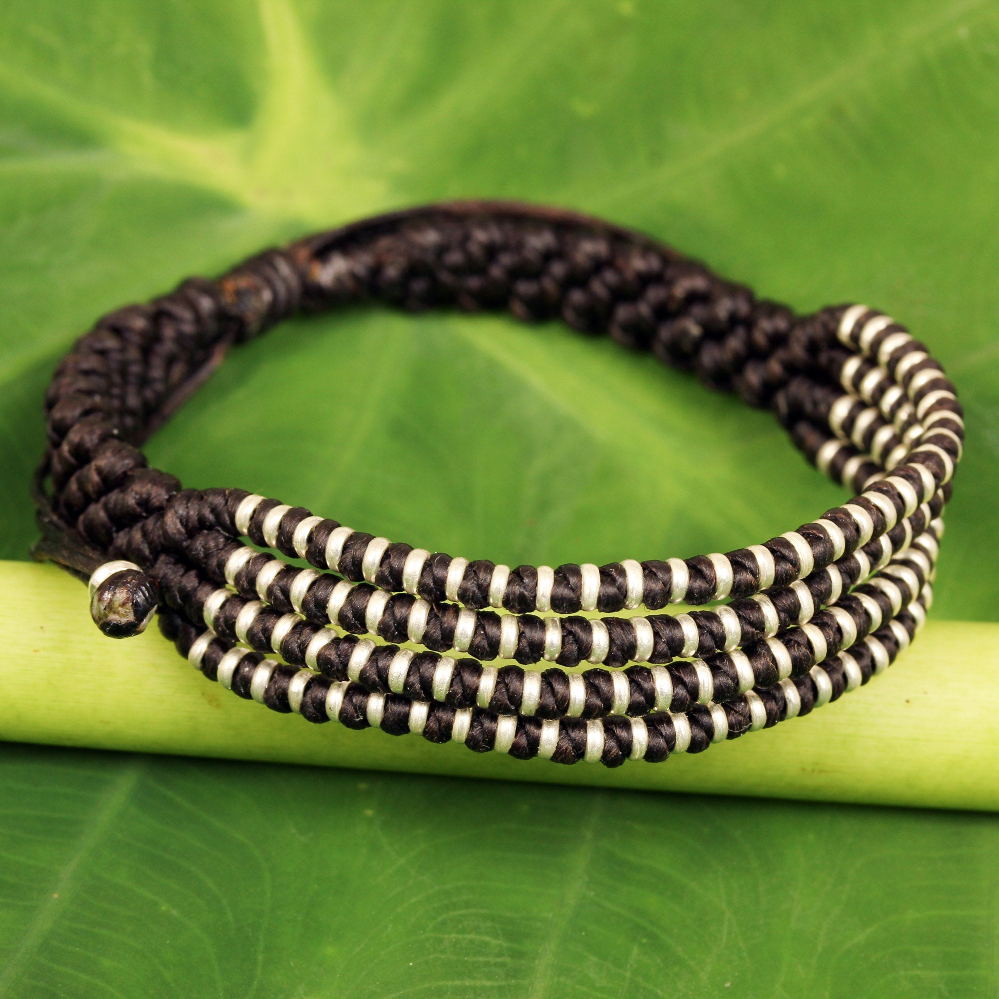 Premium Thai Hill Tribe Silver Macrame Bracelet - Dark Brown & Silver 950