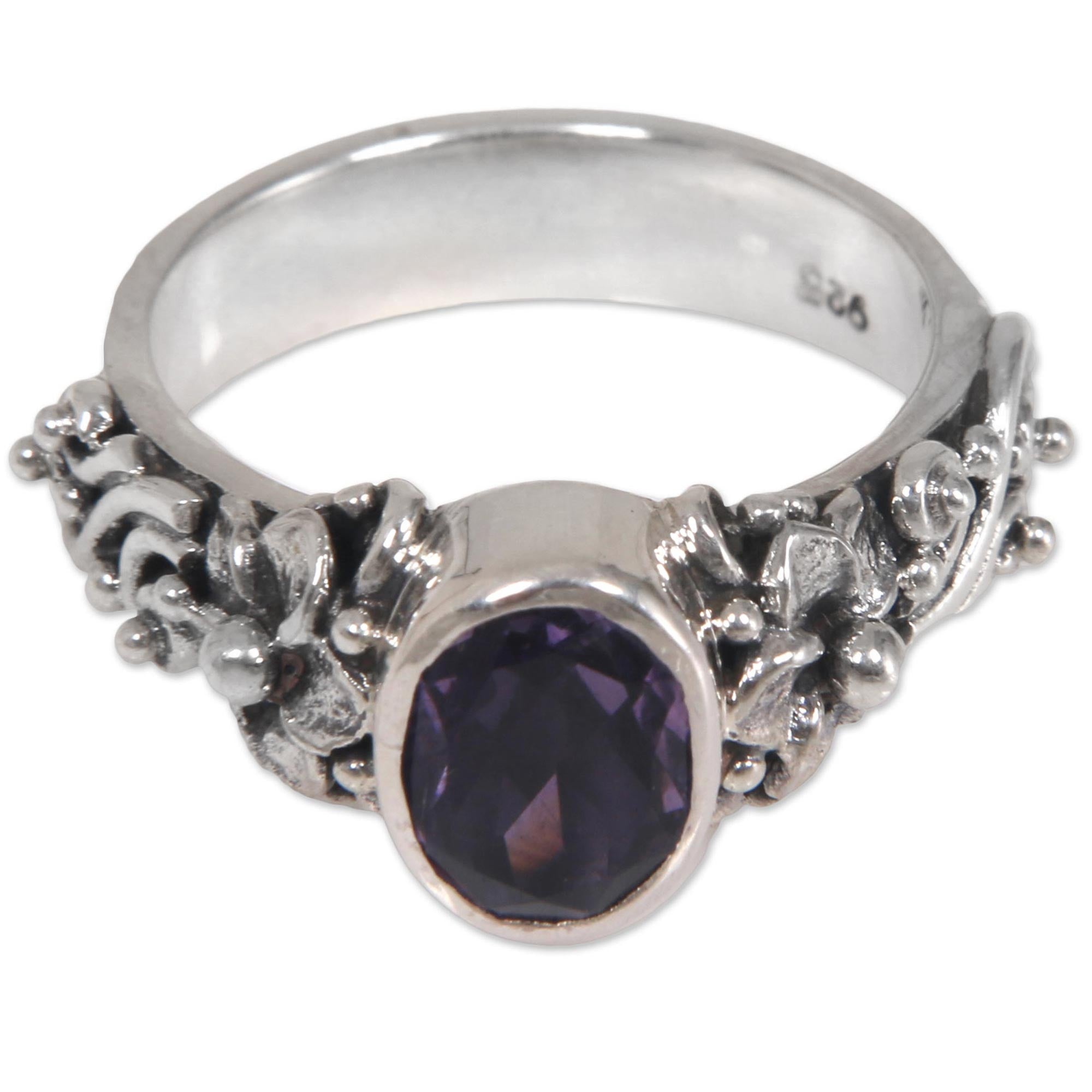 Premium Frangipani Amethyst Silver Ring - Handcrafted Balinese Jewelry